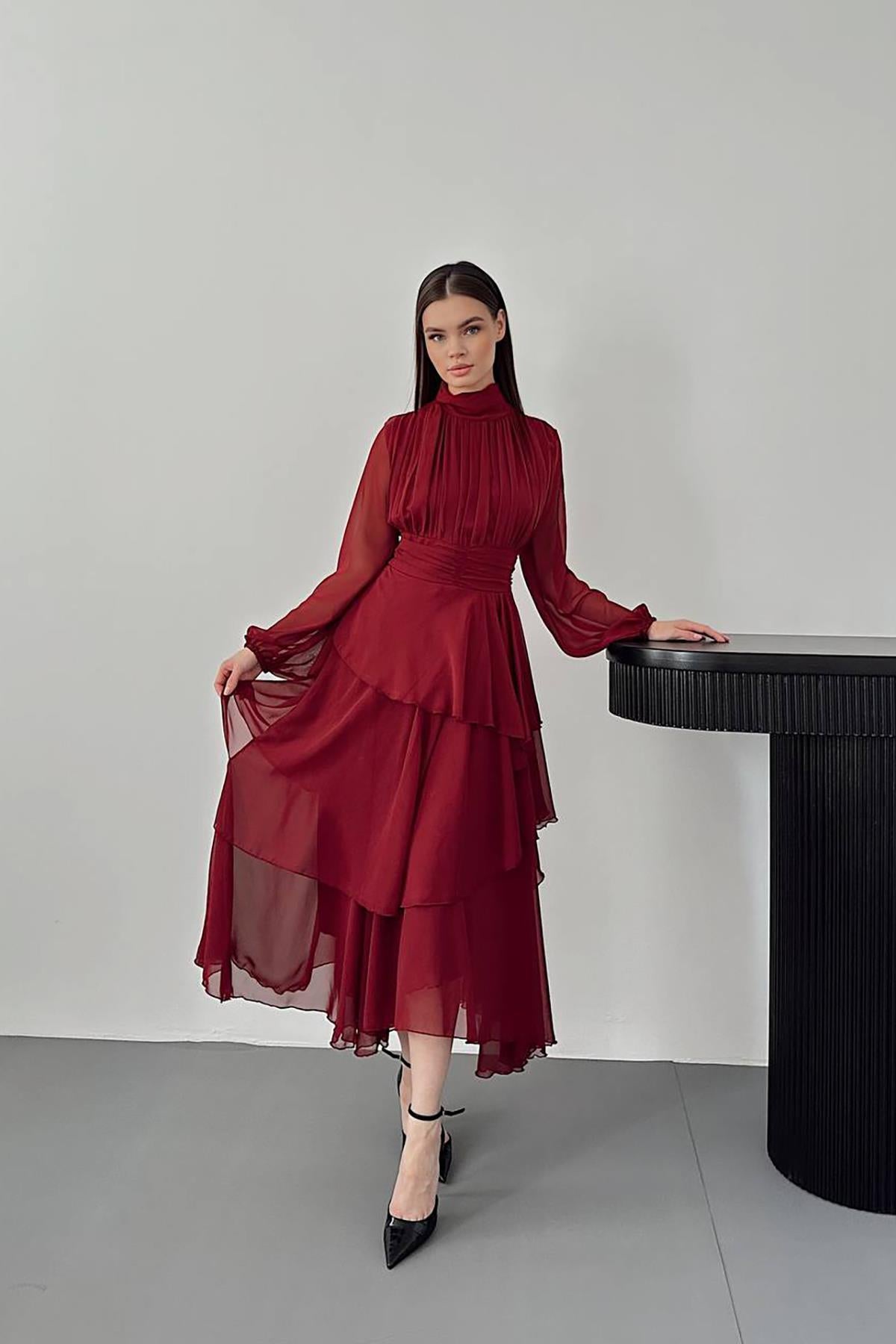 Toptan Kırmızı Bel Detaylı Elbise Kırmızı M