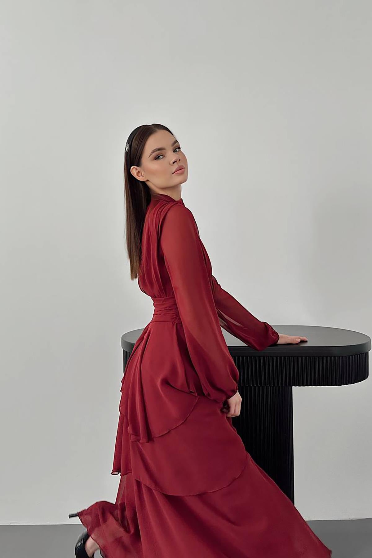 Toptan Kırmızı Bel Detaylı Elbise