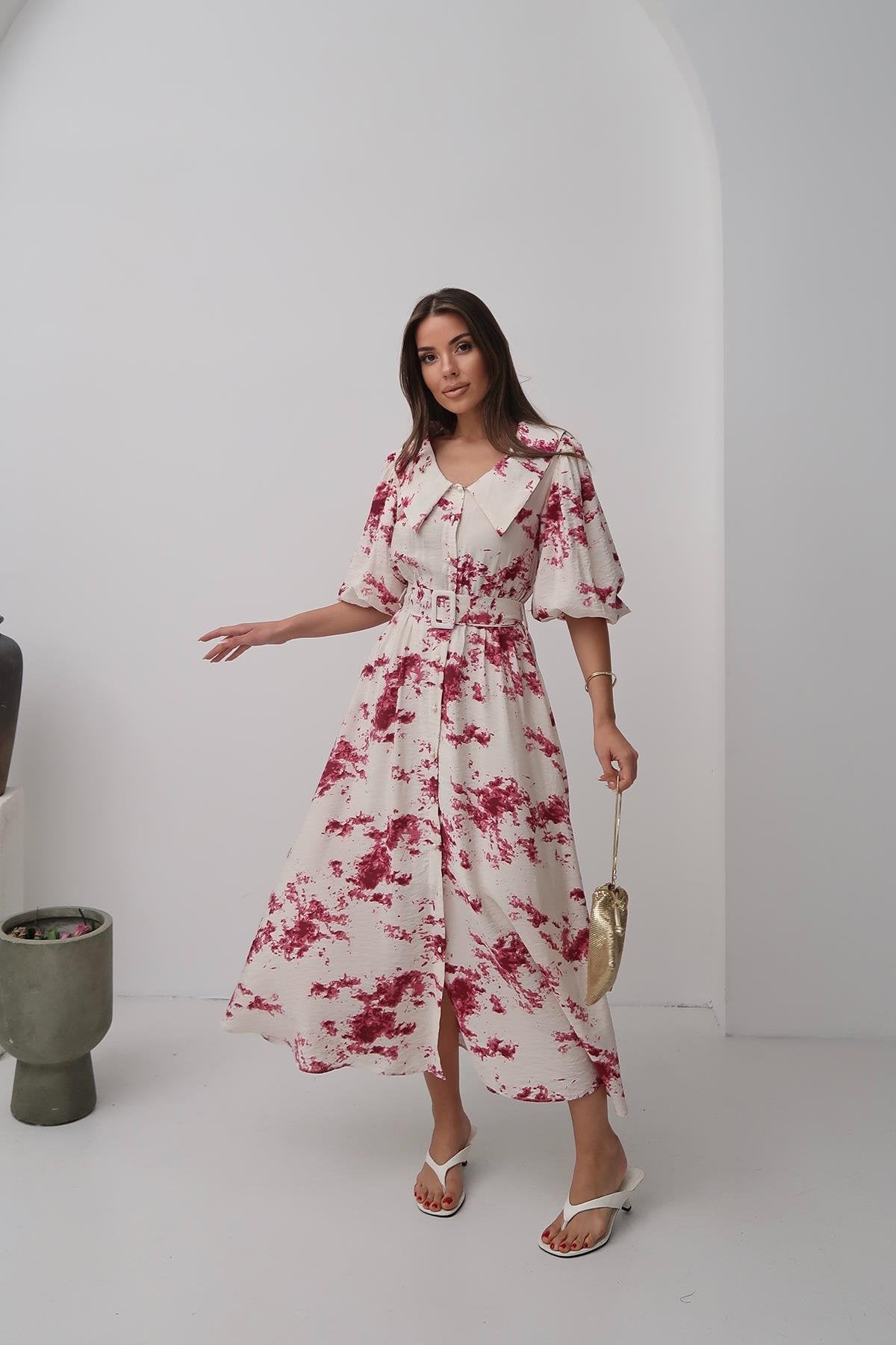 Toptan Kırmızı Desenli Kemerli Elbise