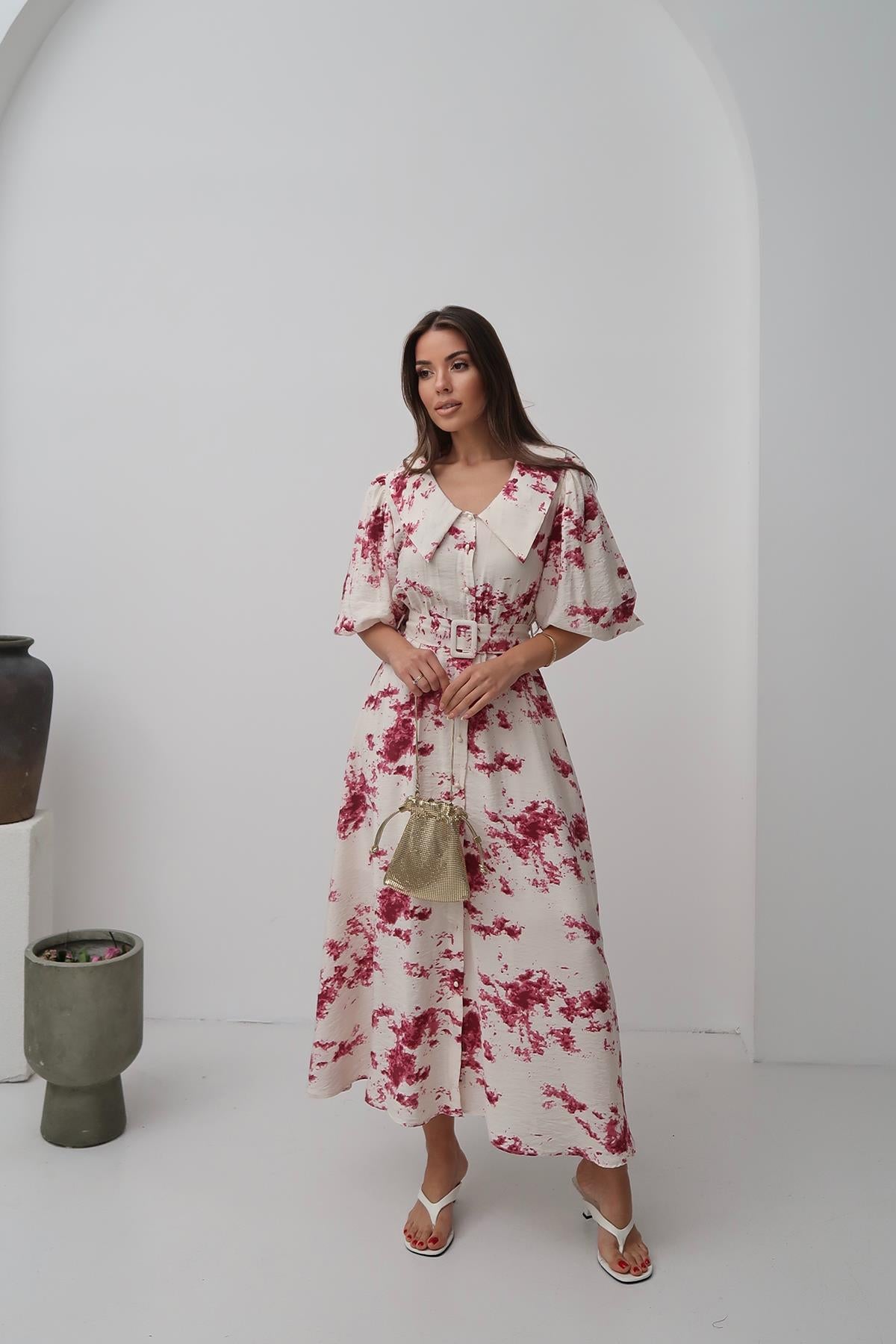 Toptan Kırmızı Desenli Kemerli Elbise