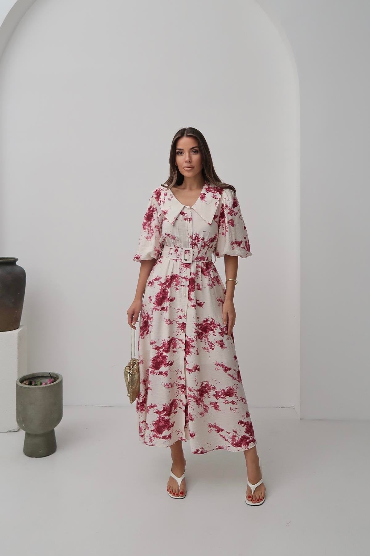 Toptan Kırmızı Desenli Kemerli Elbise Kırmızı L