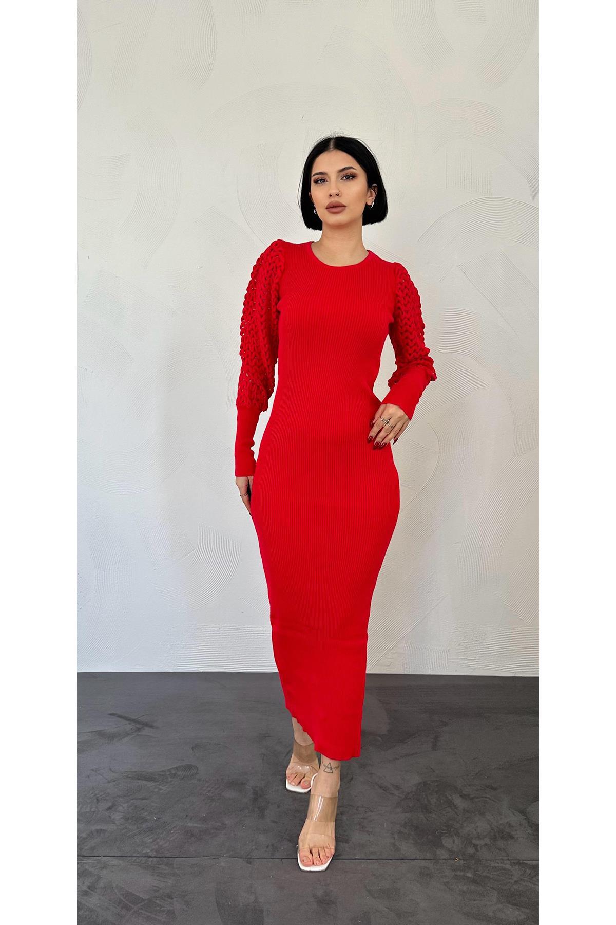 Toptan Kırmızı Kolları Örgülü Triko Elbise Kırmızı STD