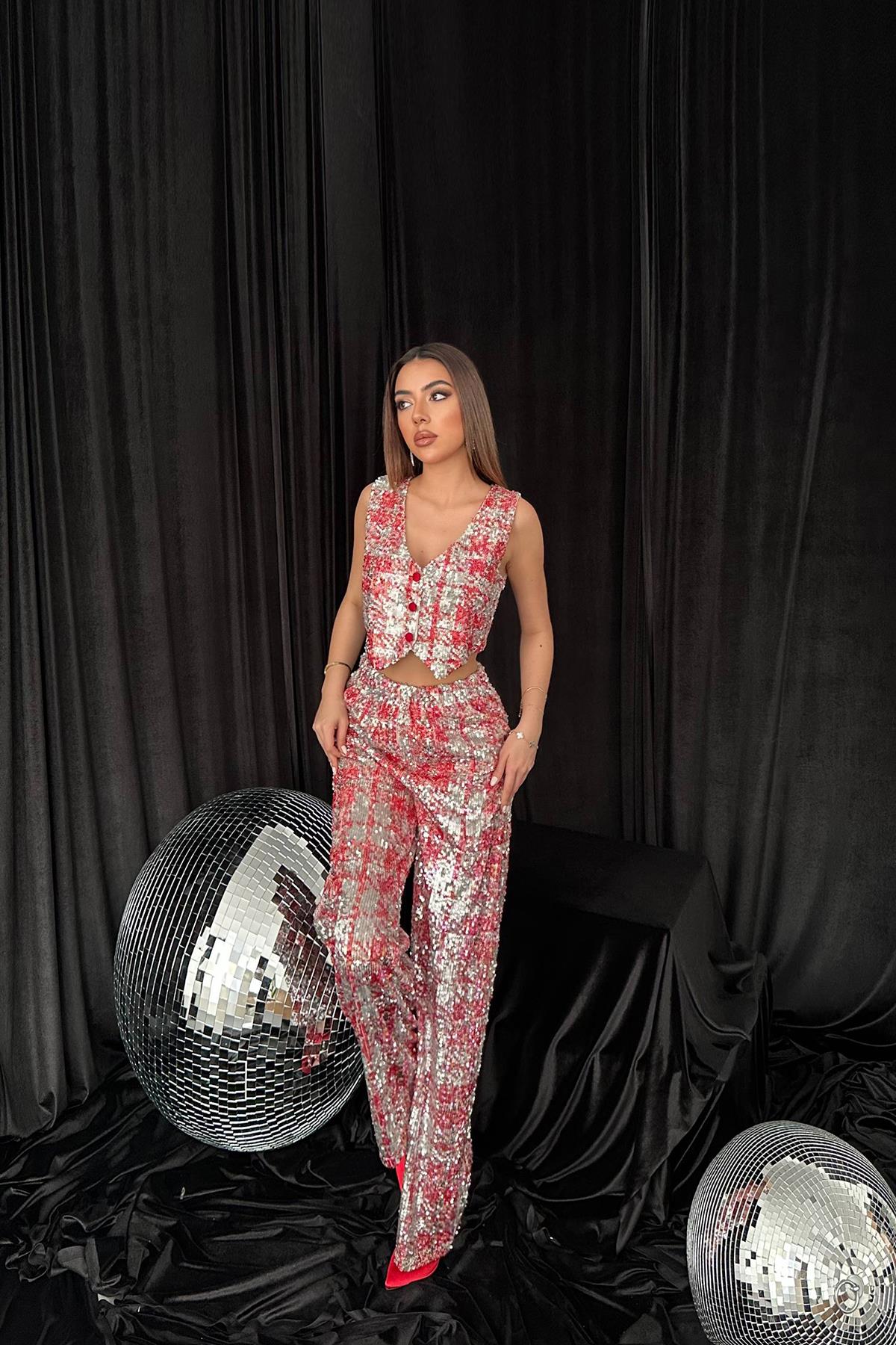 Toptan Kırmızı Pullu Yelek Ve Pantolon Takım Kırmızı L