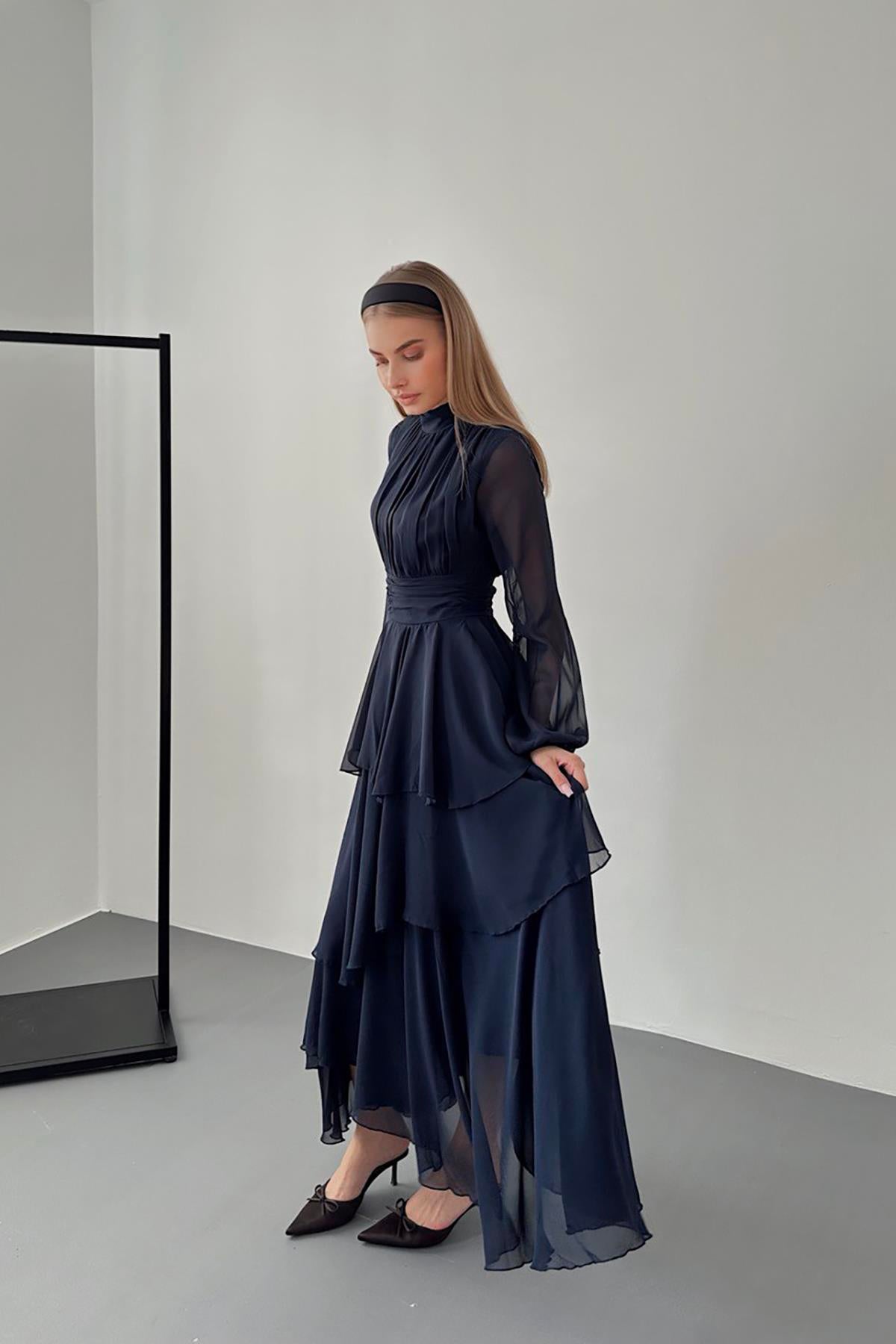 Toptan Lacivert Bel Detaylı Elbise