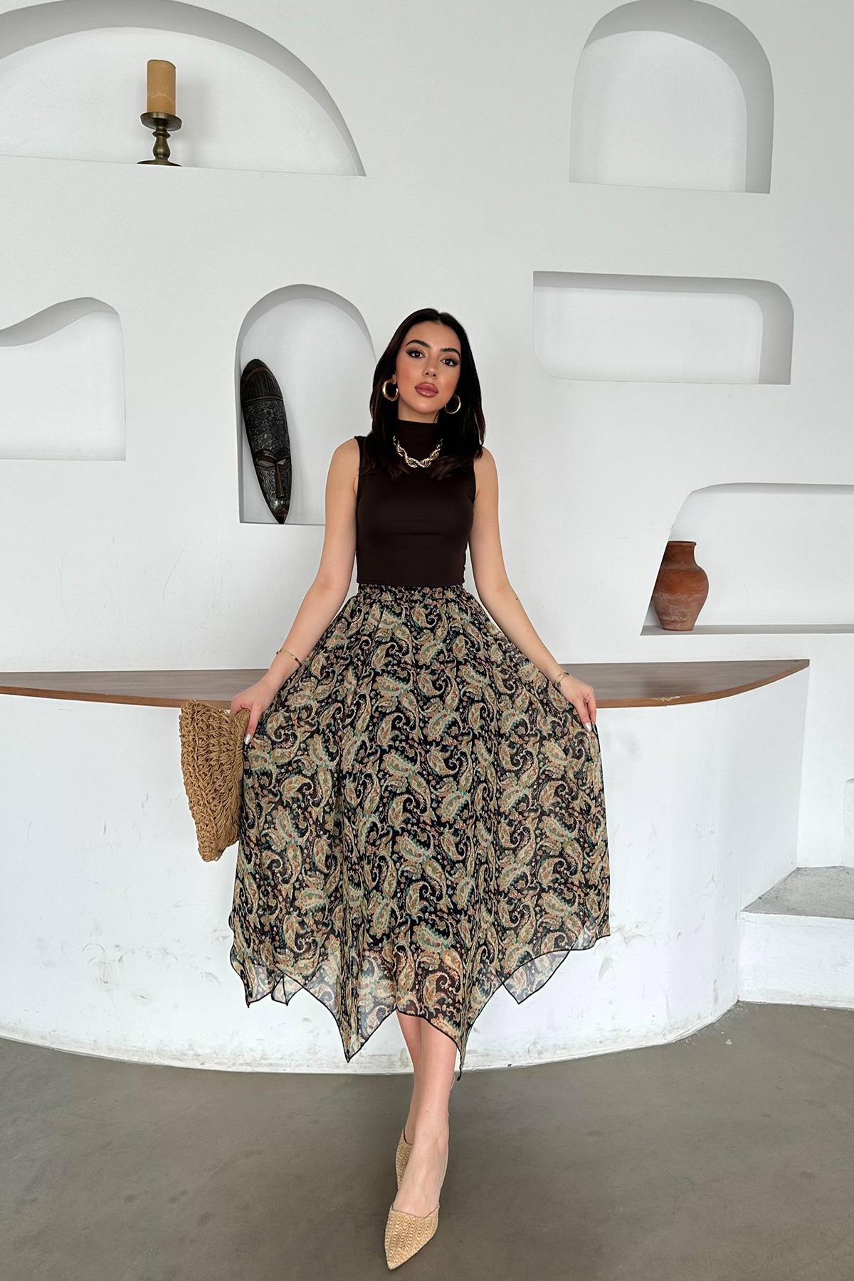 Toptan Lacivert Desenli Şifon Dilimli Etek Lacivert L