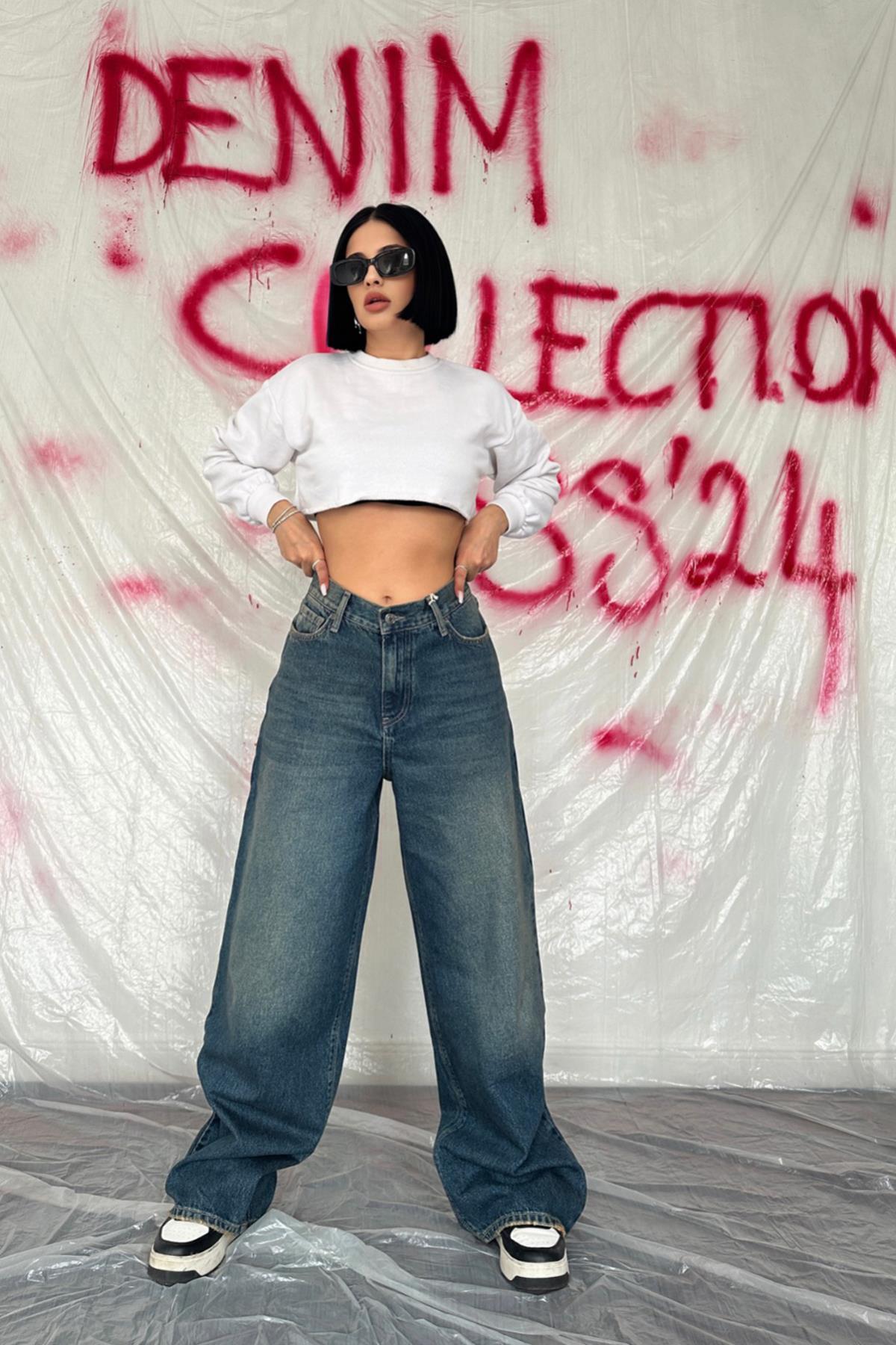 Toptan Lacivert Geniş Paça Jeans Pantolon Lacivert XS