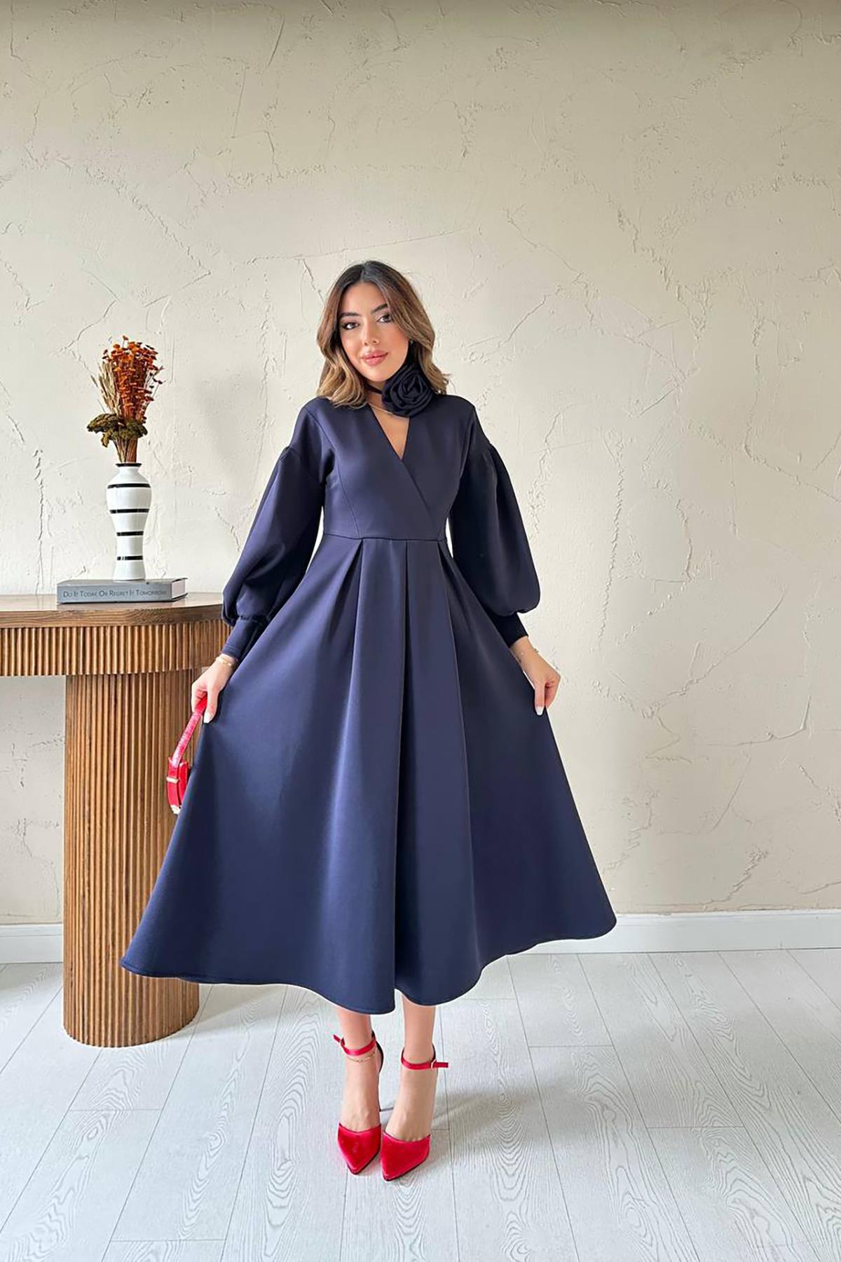 Toptan Lacivert Gül Detaylı Scuba Elbise Lacivert L