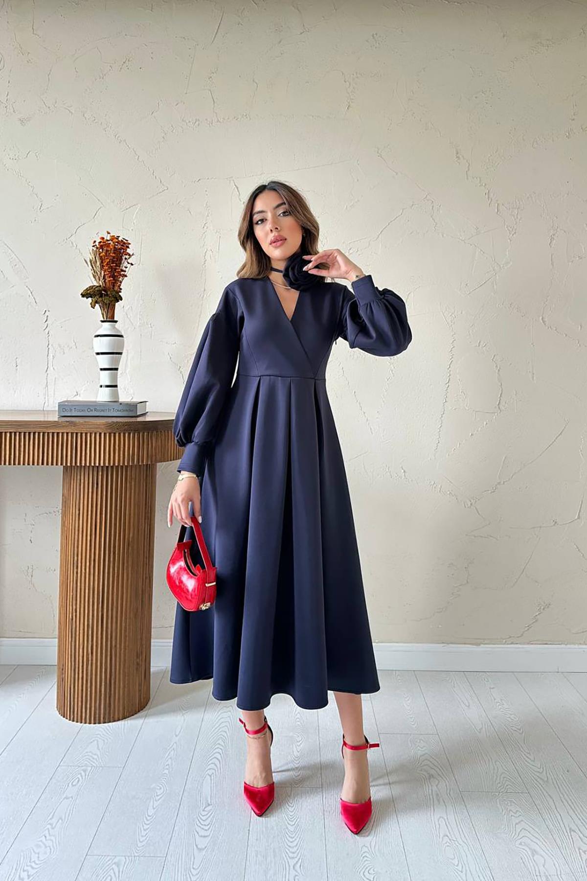 Toptan Lacivert Gül Detaylı Scuba Elbise