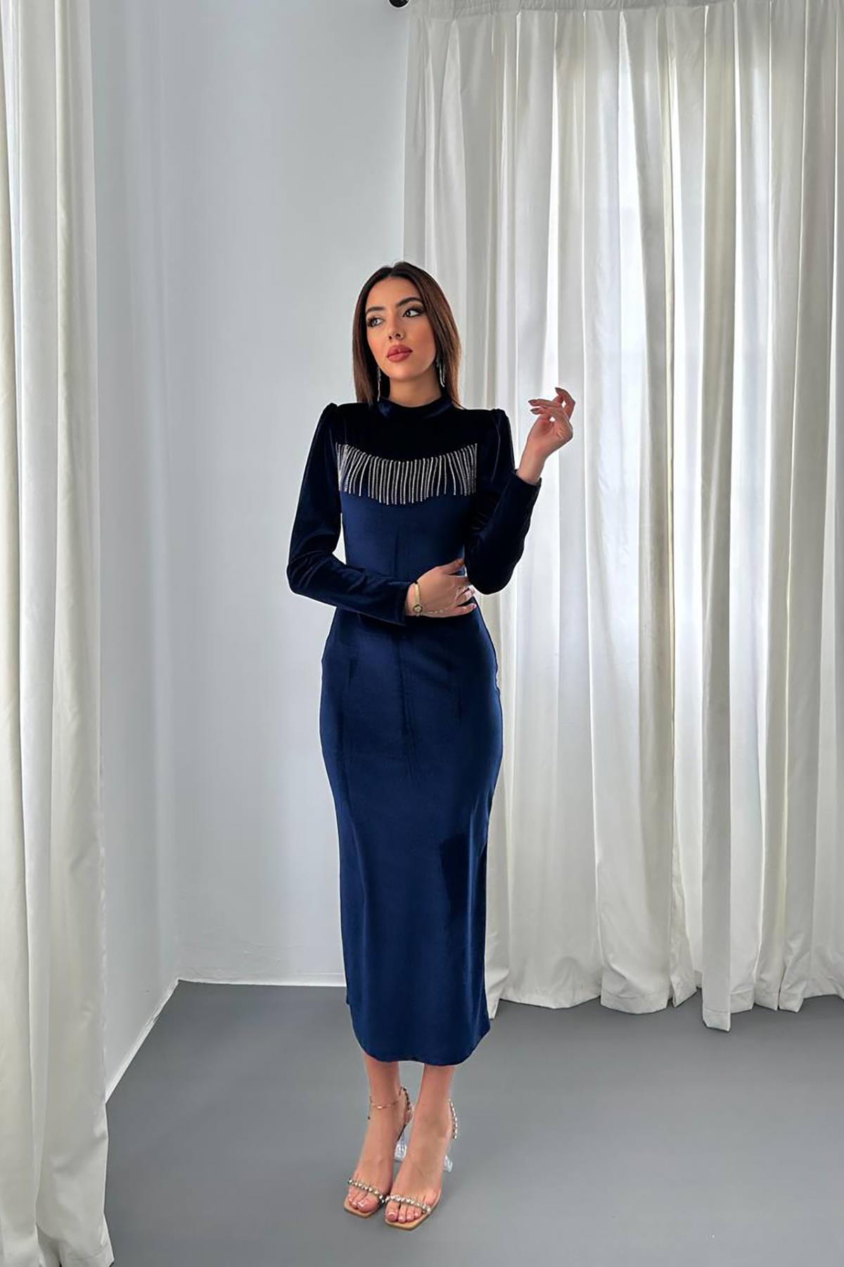 Toptan Lacivert Kadife Işıltılı Elbise Lacivert L