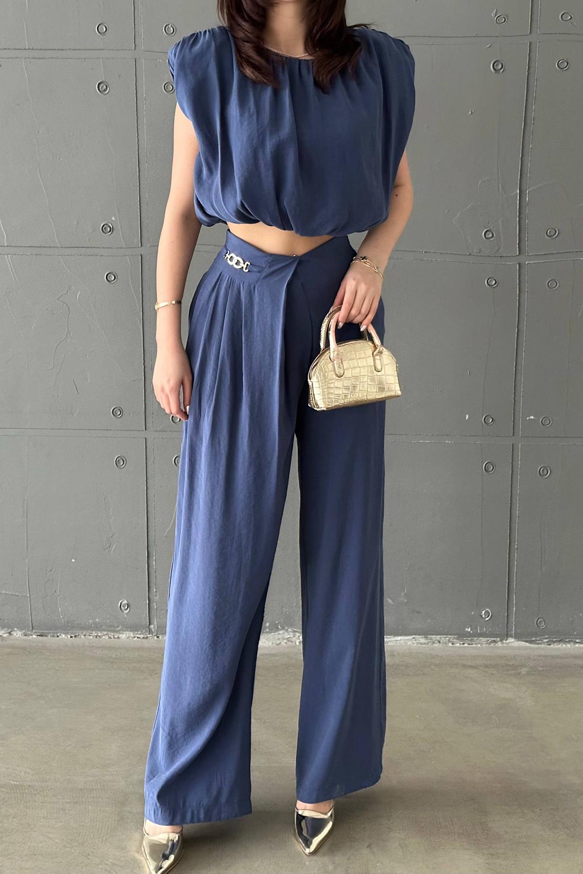 Toptan Lacivert Modal Bluz Ve Pantolon Takım