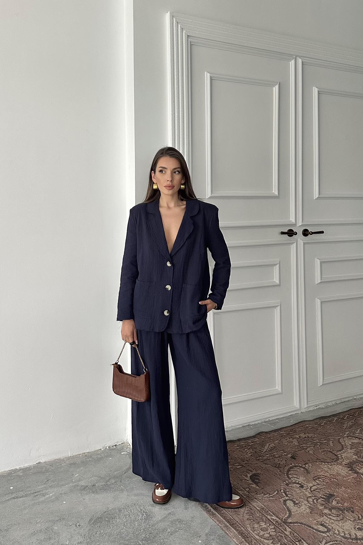 Toptan Lacivert Oversize Müslin Takım Lacivert L