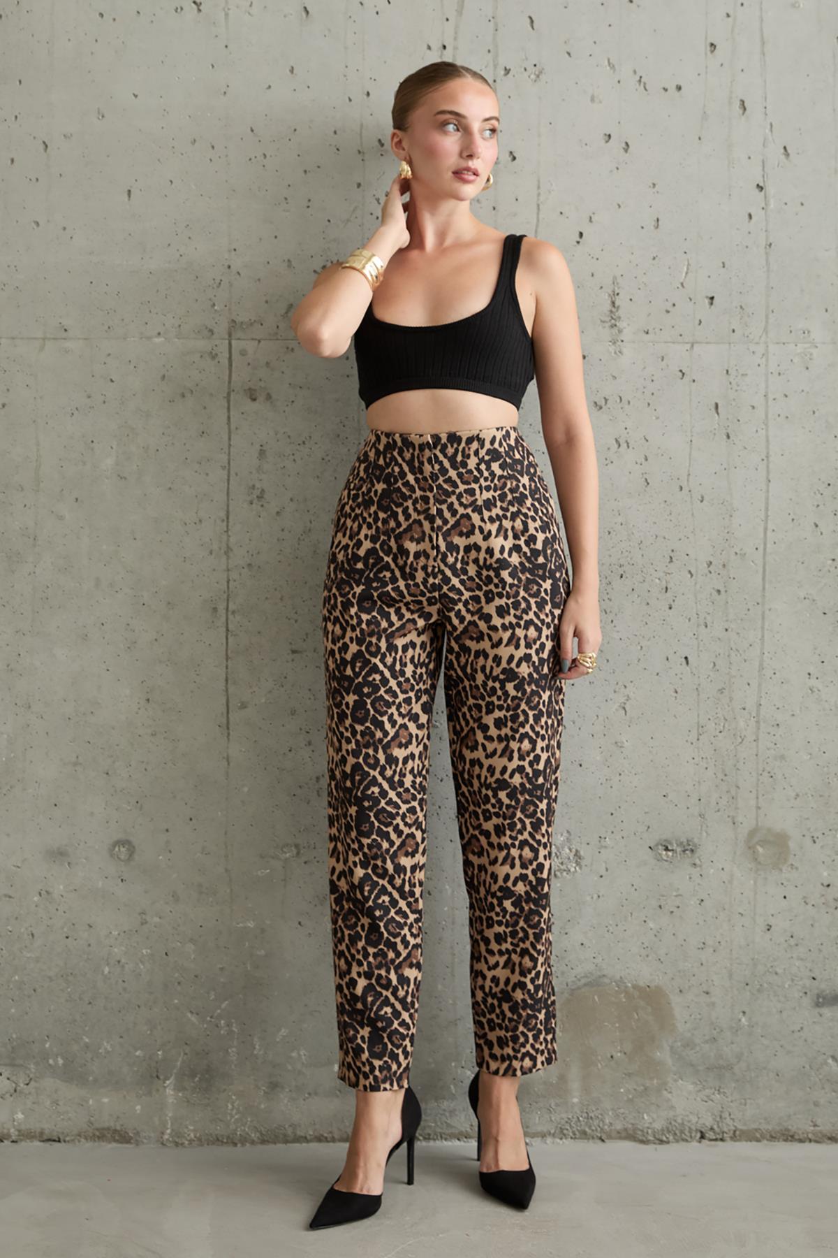 Toptan Leopar Desenli Kumaş Pantolon Leopar L