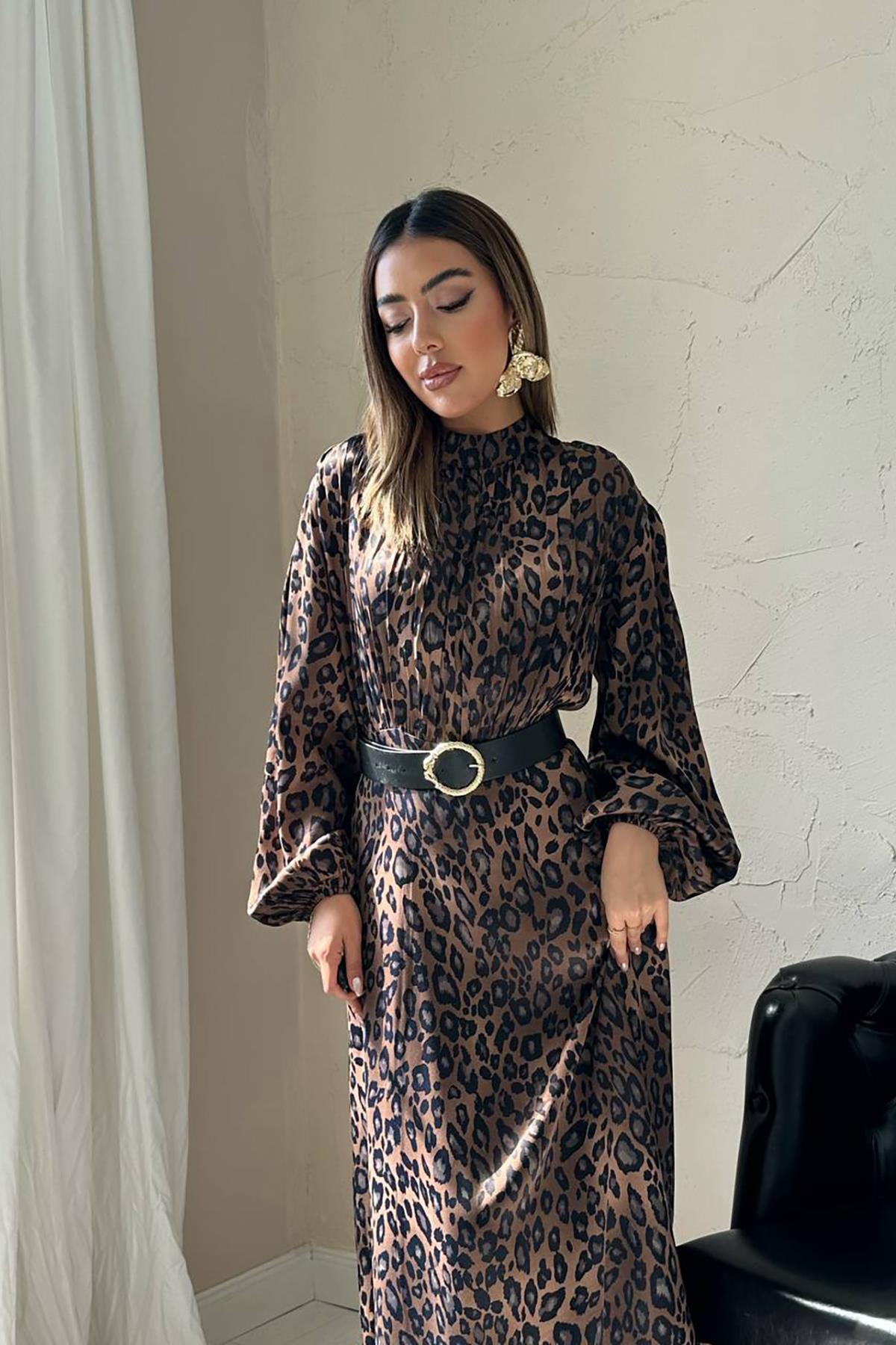 Toptan Leopar Saten Elbise