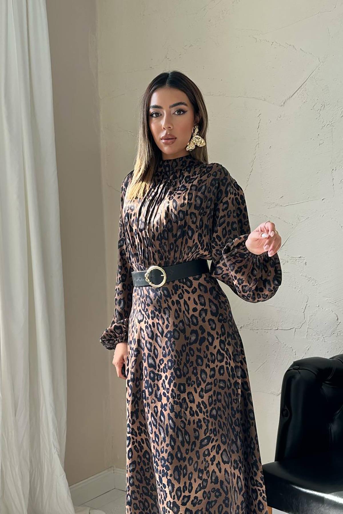 Toptan Leopar Saten Elbise