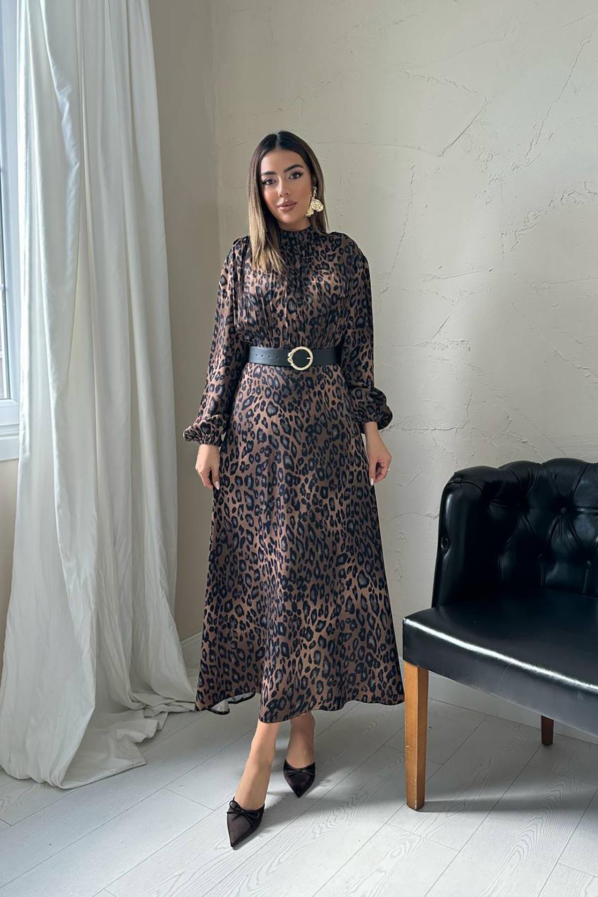 Toptan Leopar Saten Elbise Leopar L
