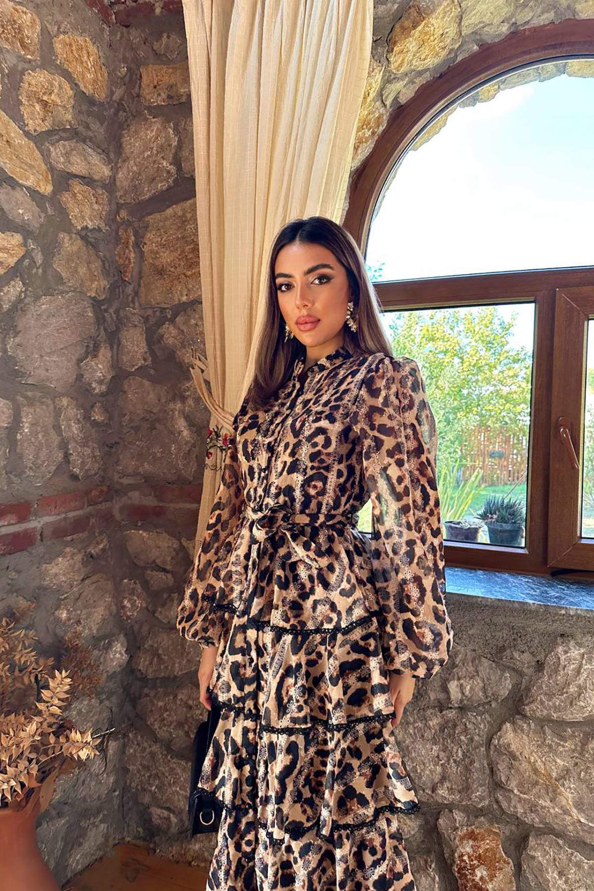 Toptan Leopar Volanlı Şeritli Uzun Elbise
