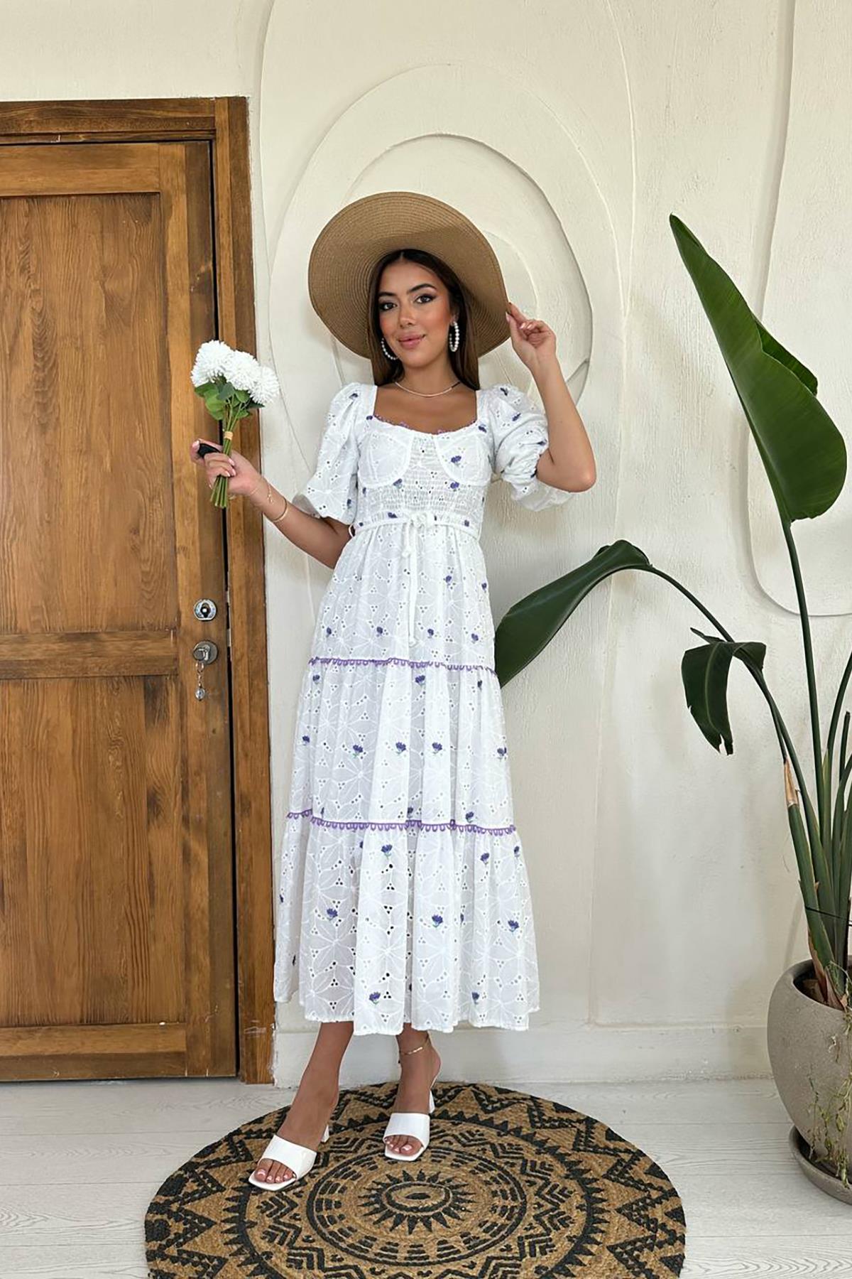Toptan Lila Dantel Detaylı Brode Elbise Lila L
