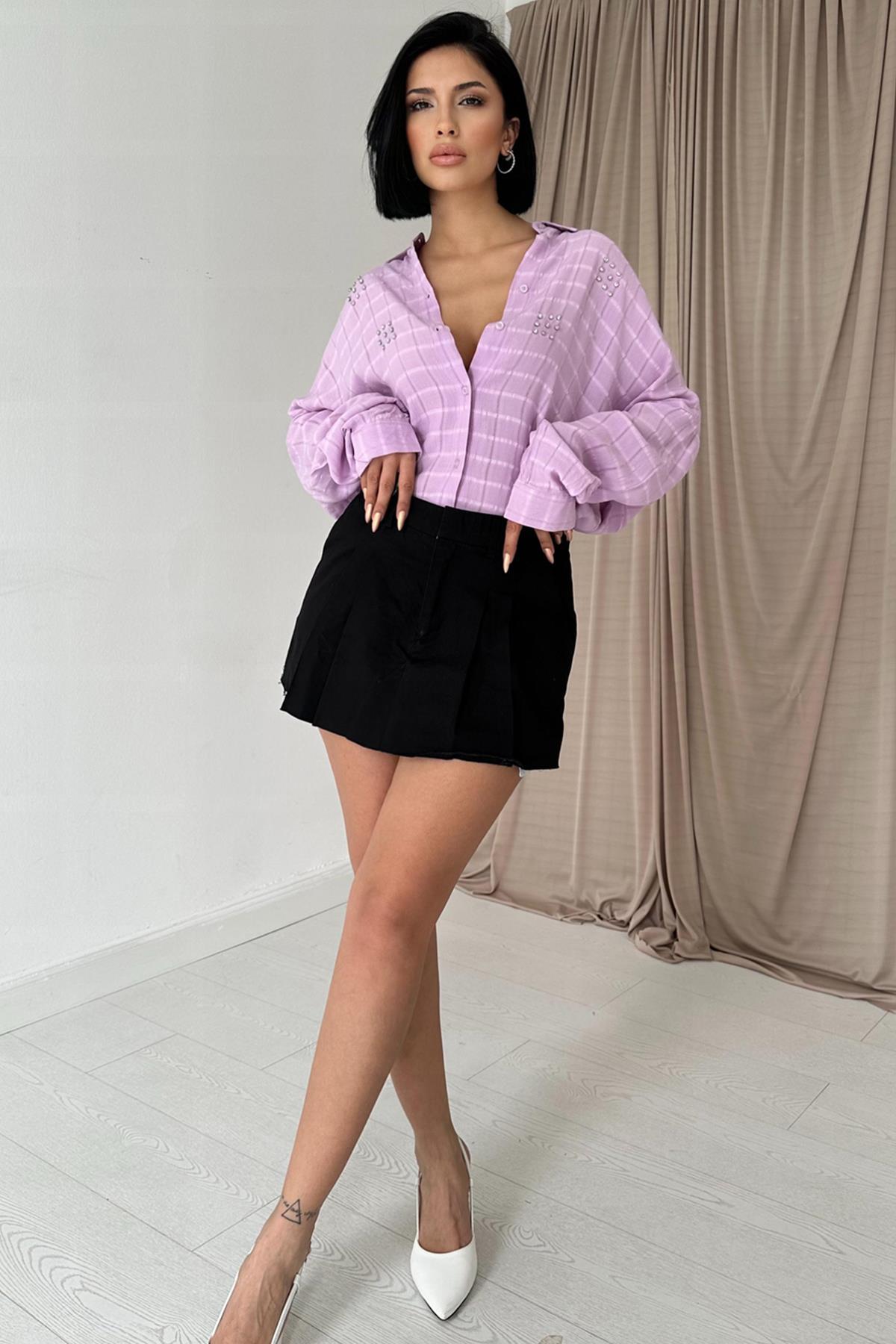 Toptan Lila Ekoseli Klasik Gömlek Lila STD