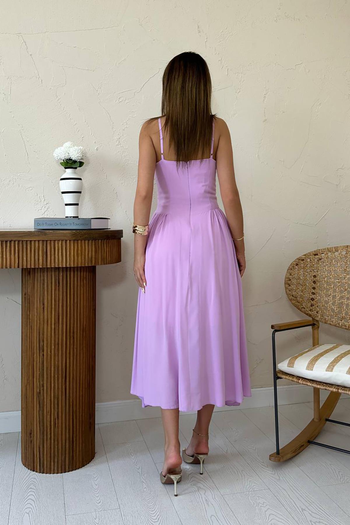 Toptan Lila Göğüs Kuplu Uzun Büzgülü Elbise