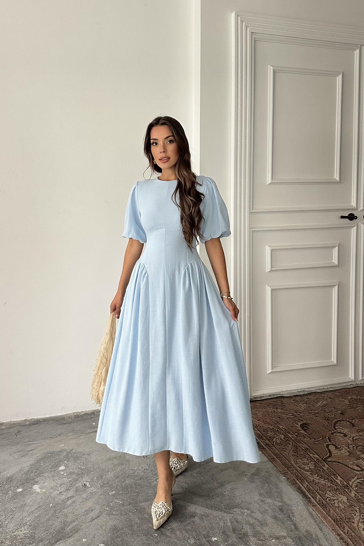 Toptan Mavi Arkadan Bağlamalı Büzgülü Keten Elbise Mavi L