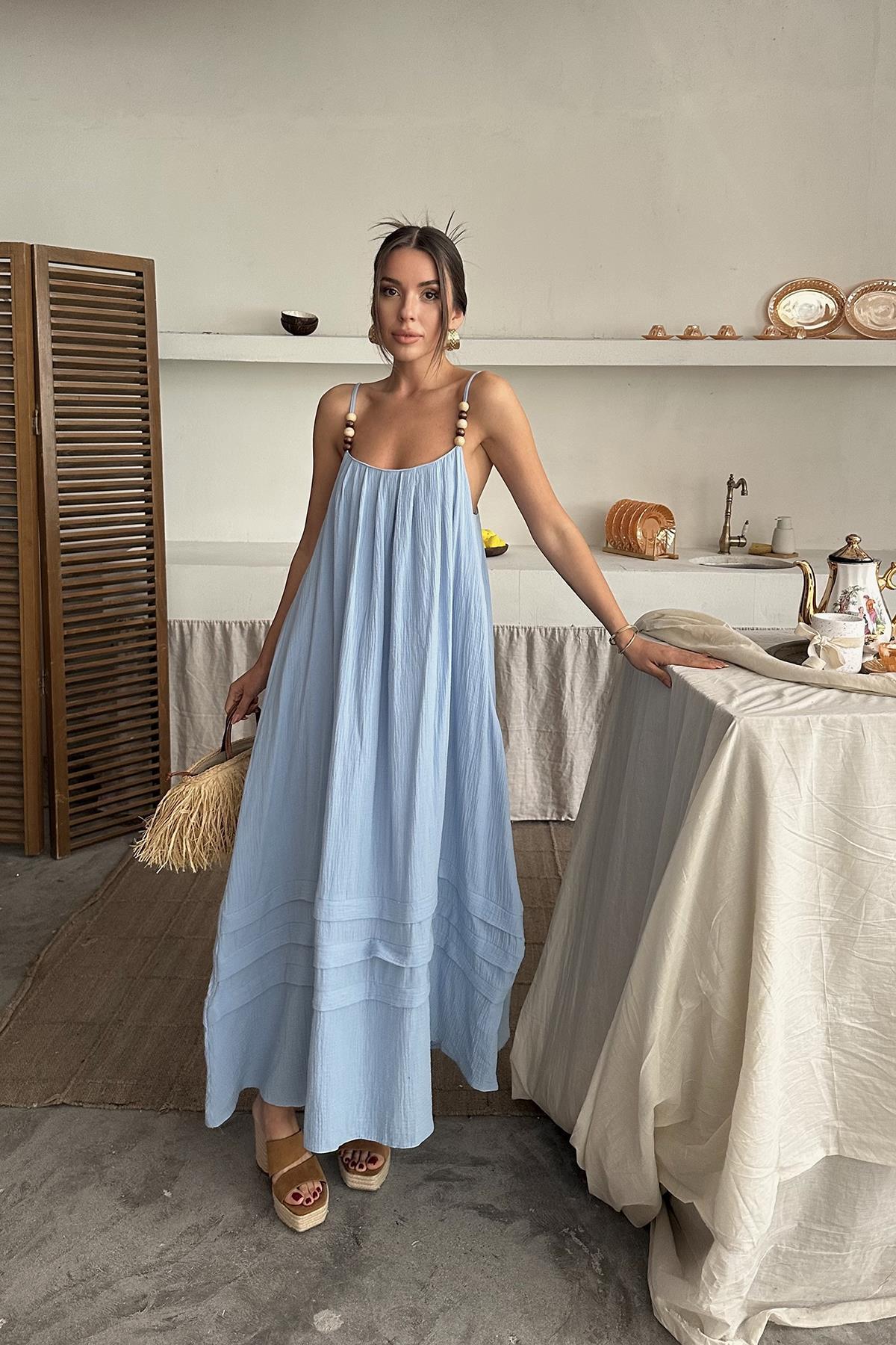 Toptan Mavi Askılı Müslin Elbise