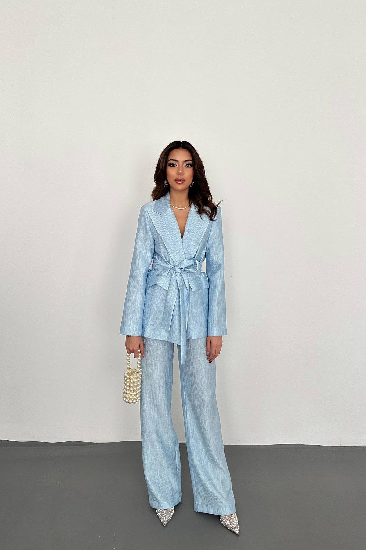 Toptan Mavi Beli Kuşaklı Ceket Ve Pantolon Parlak Takım Mavi L