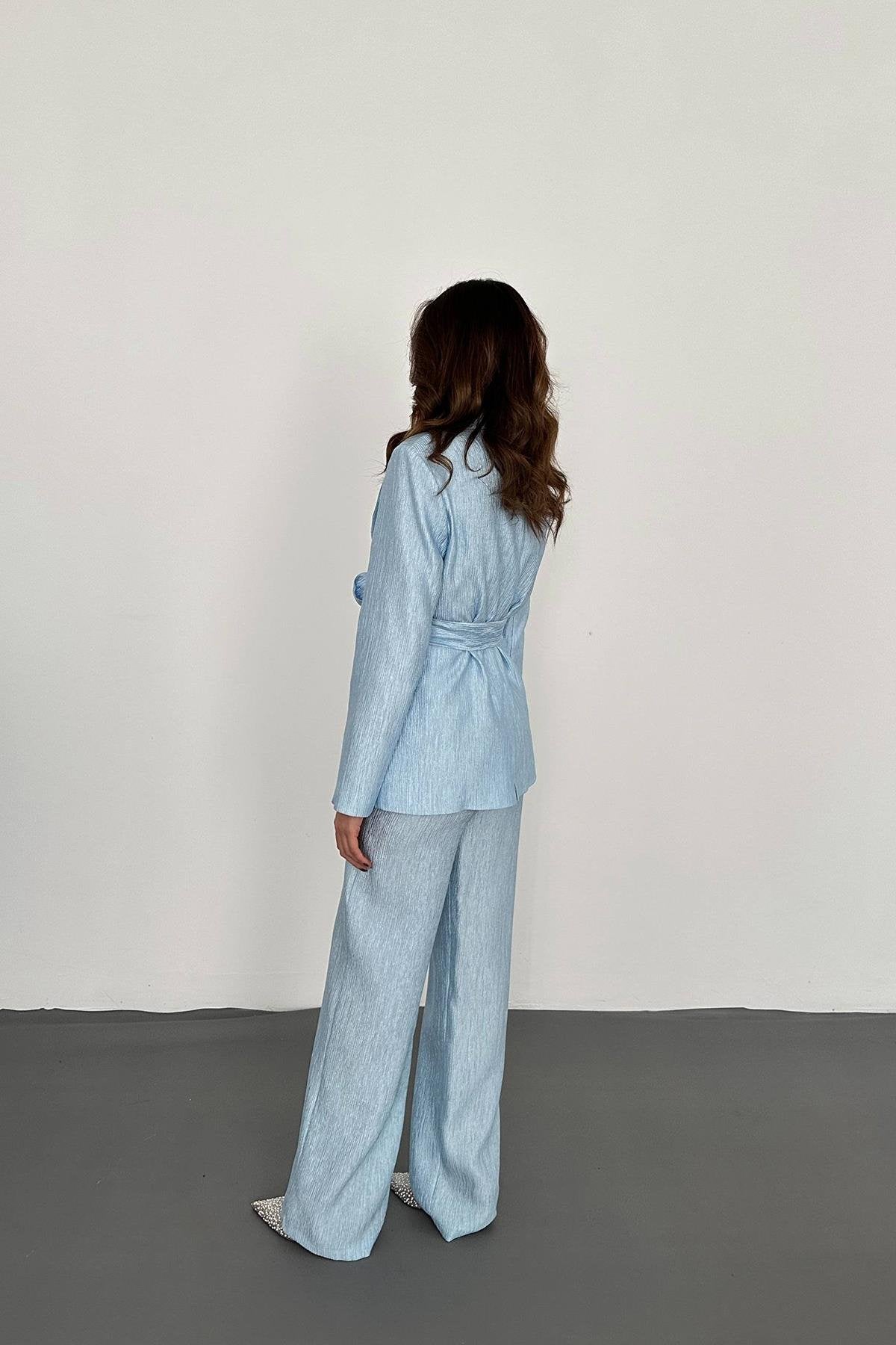 Toptan Mavi Beli Kuşaklı Ceket Ve Pantolon Parlak Takım