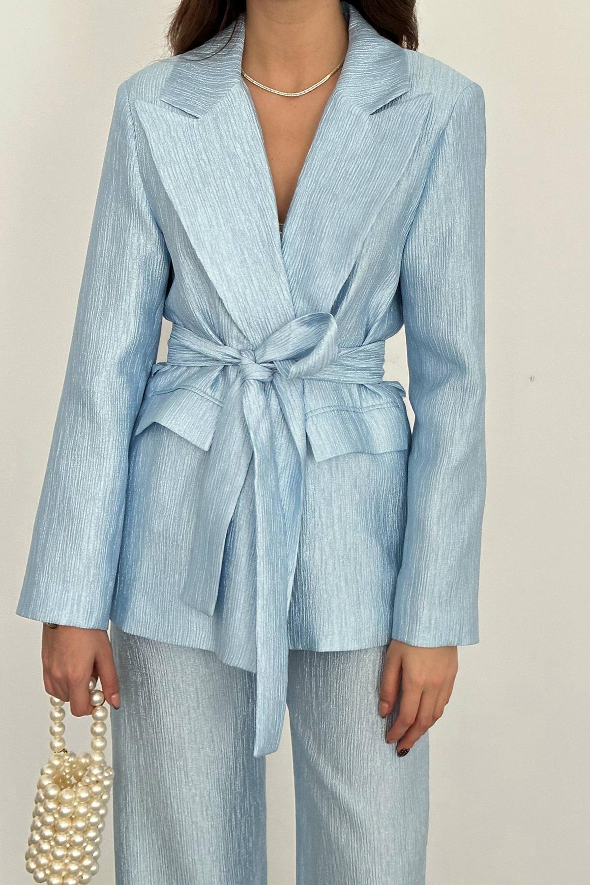 Toptan Mavi Beli Kuşaklı Ceket Ve Pantolon Parlak Takım