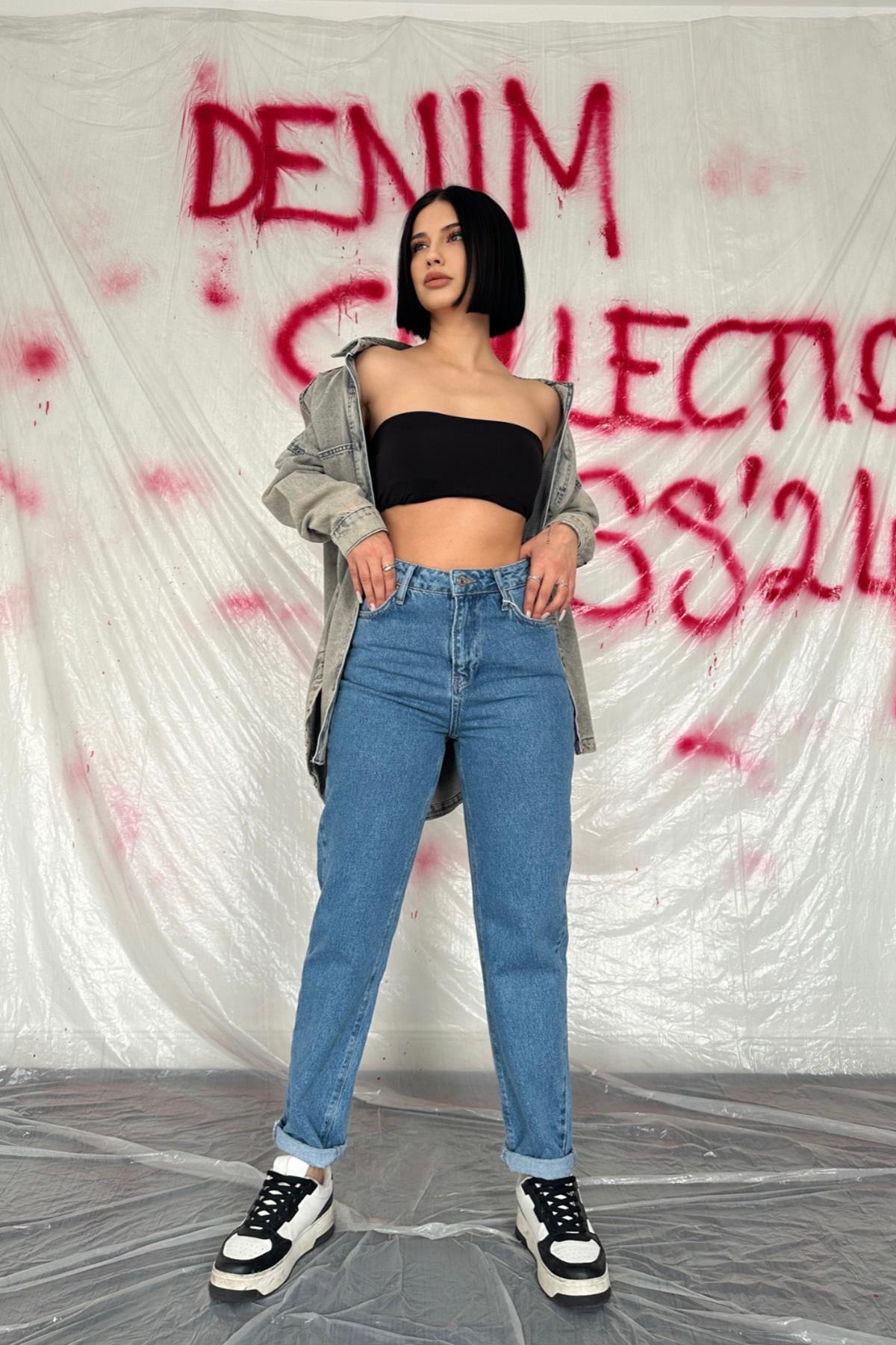 Toptan Mavi Boru Paça Jeans Pantolon Mavi L