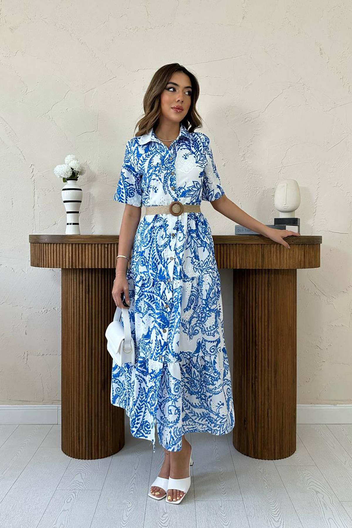 Toptan Mavi Brodeli Kolları Bağcıklı Elbise