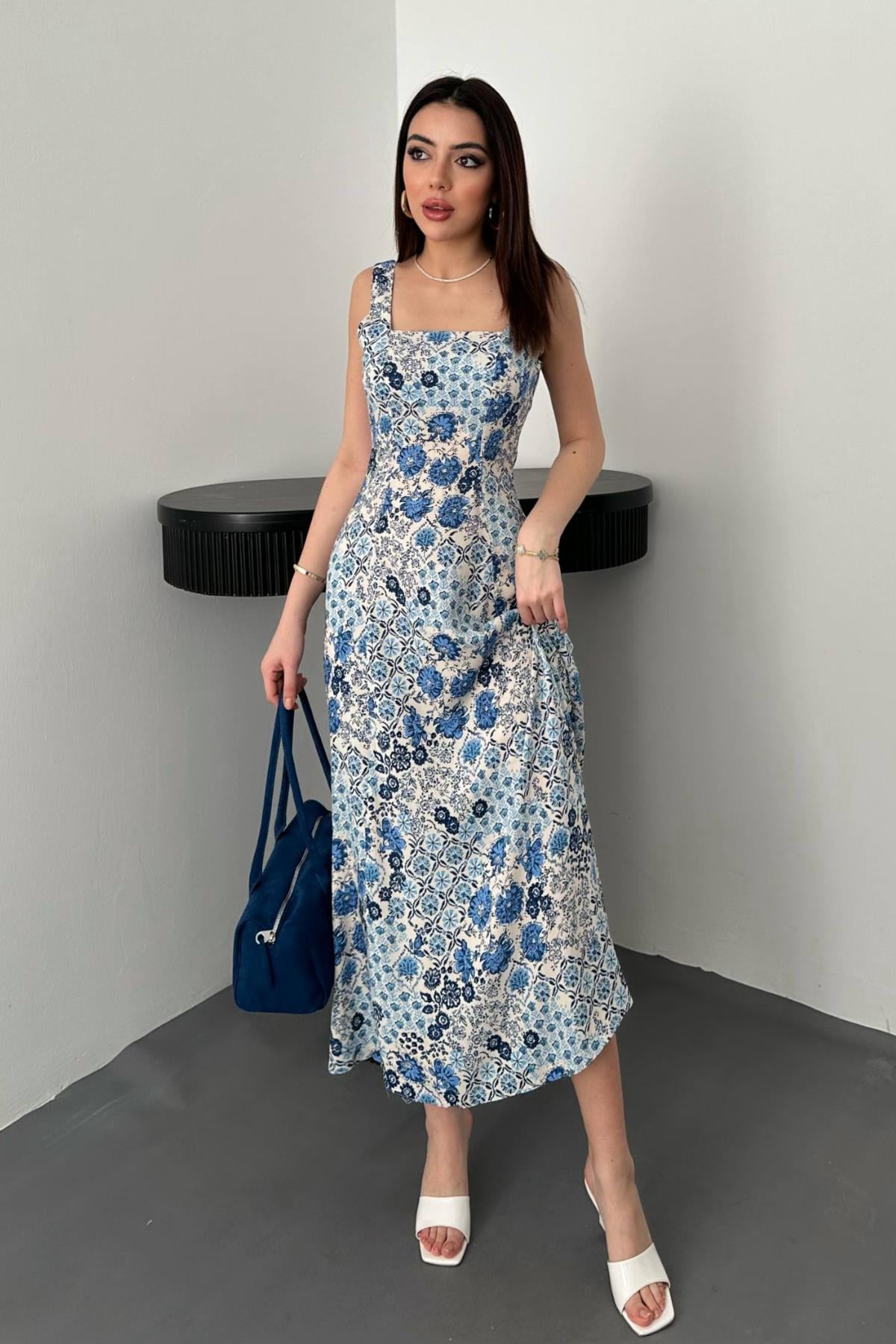 Toptan Mavi Çiçekli Viskon Elbise Mavi L