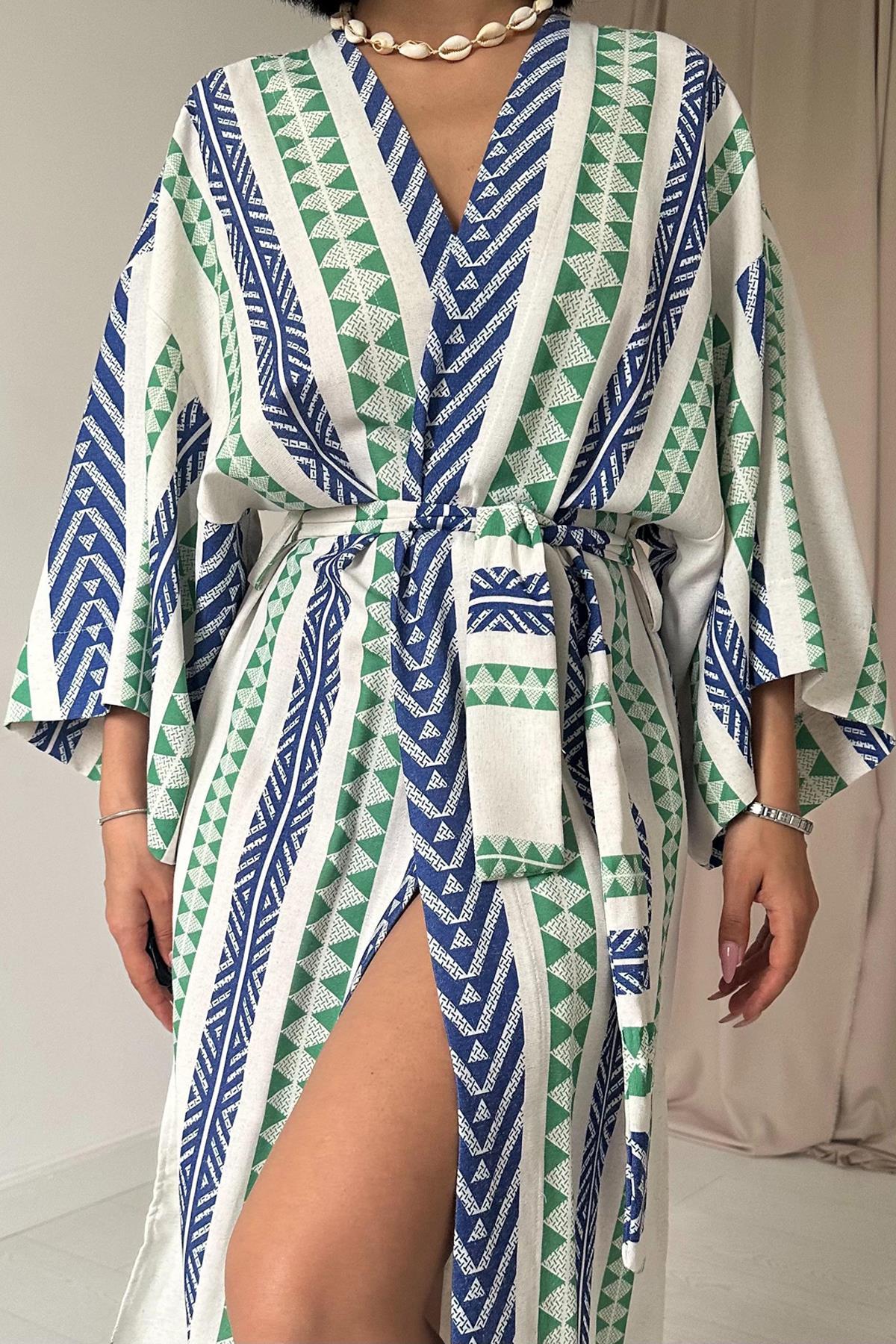 Toptan Mavi Desenli Kimono