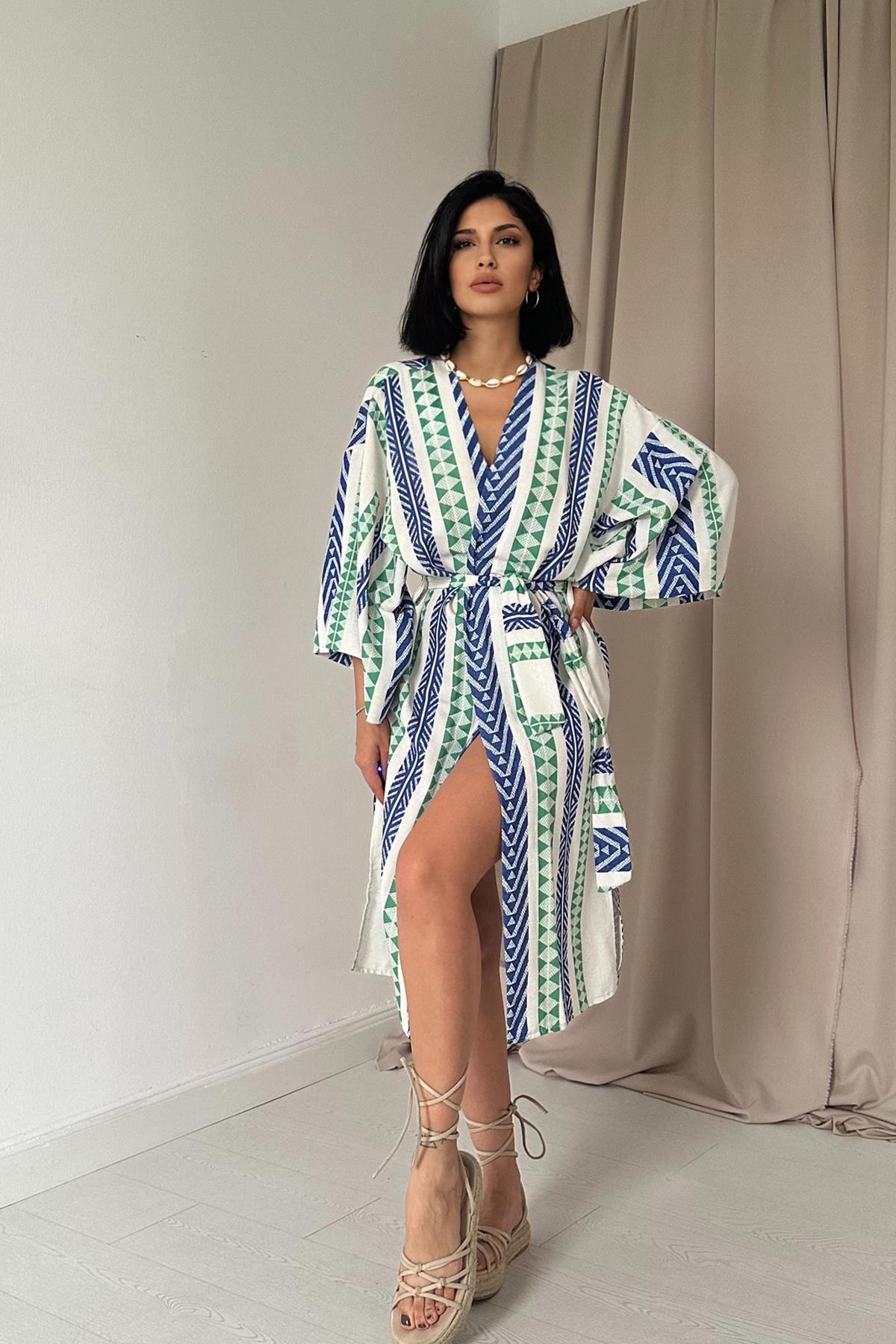 Toptan Mavi Desenli Kimono Mavi L