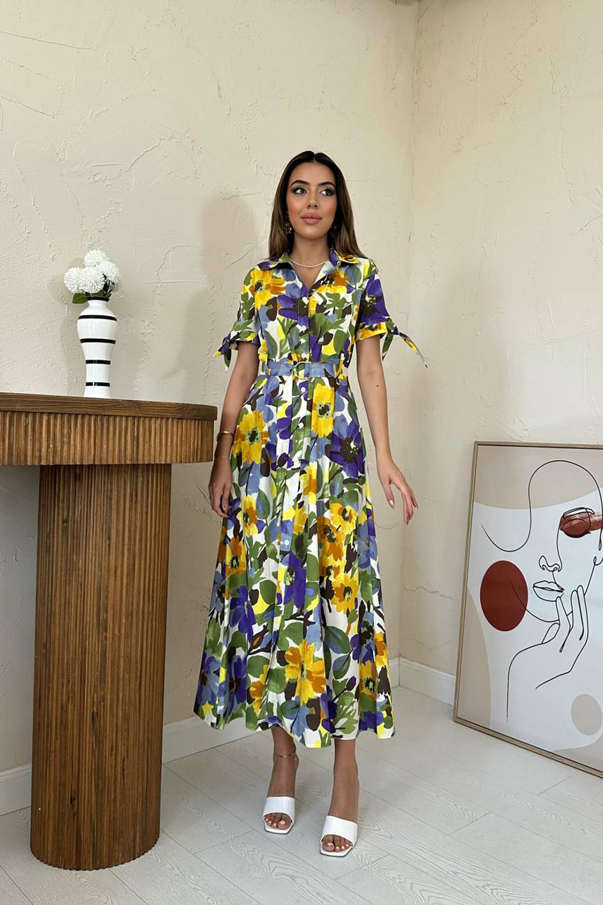 Toptan Mavi Desenli Uzun Pileli Elbise