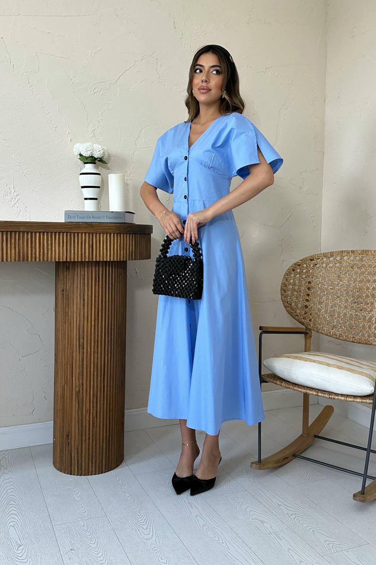 Toptan Mavi Düğmeli Midi Boy Poplin Elbise