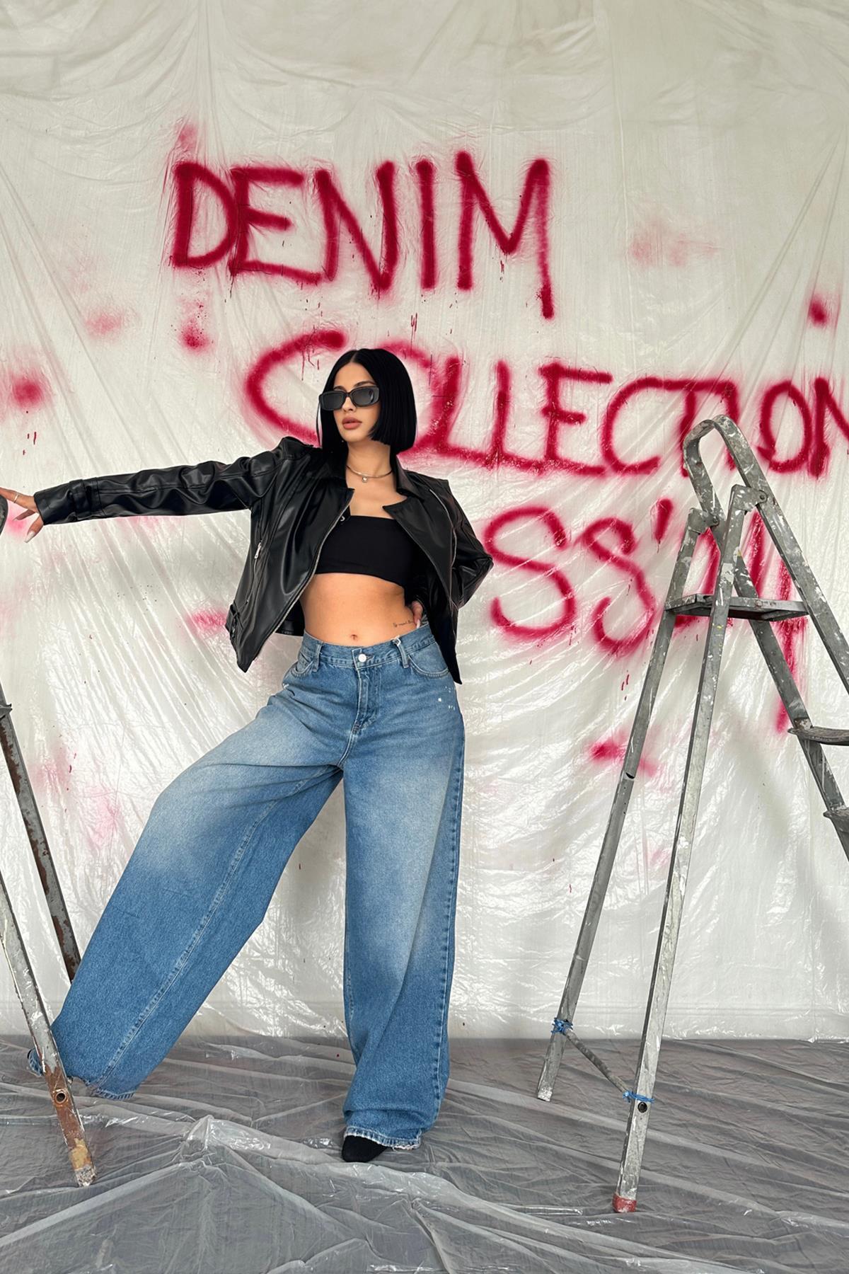 Toptan Mavi Geniş Paça Jeans Pantolon Mavi L