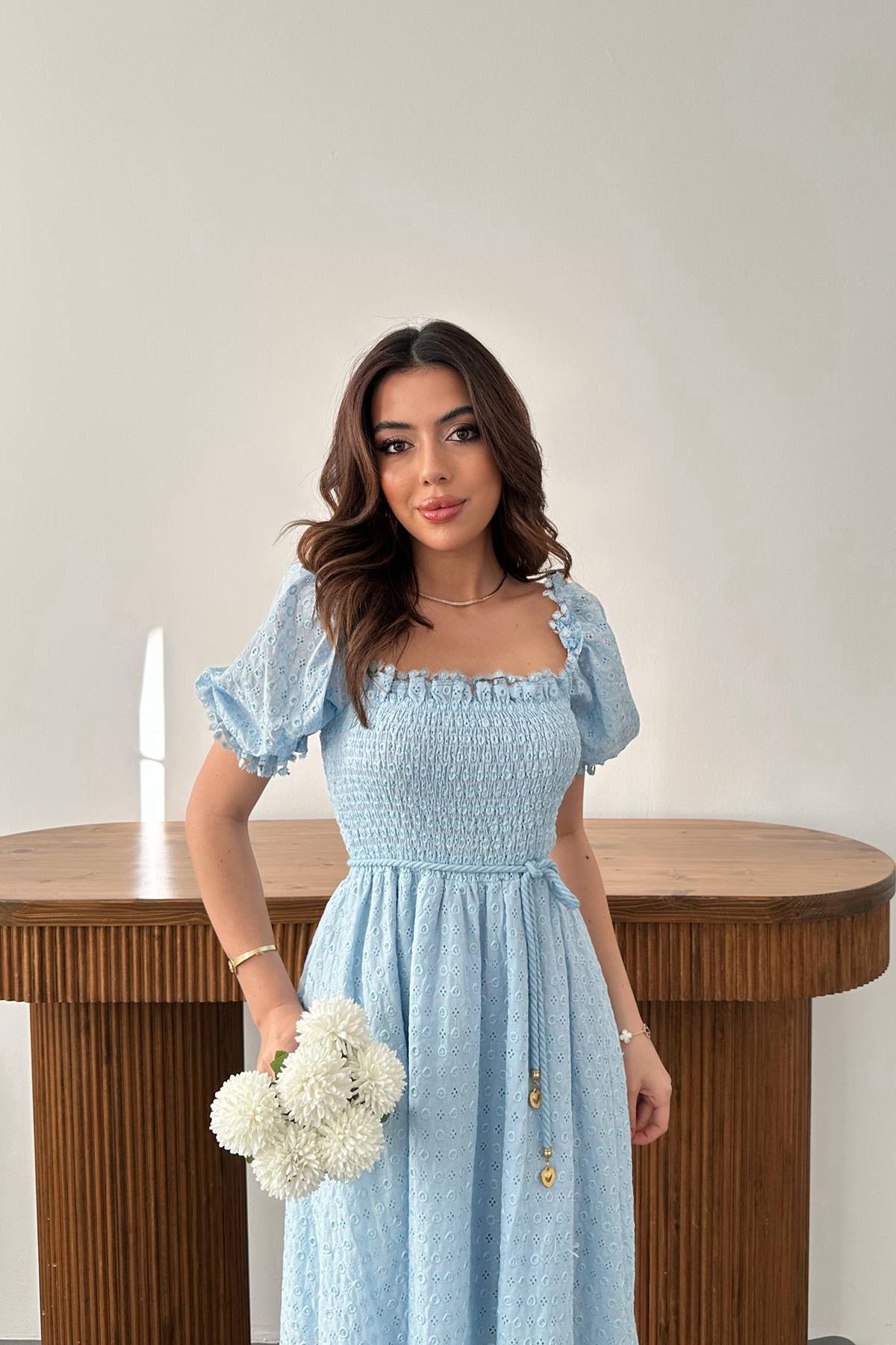 Toptan Mavi Gipeli Brode Elbise