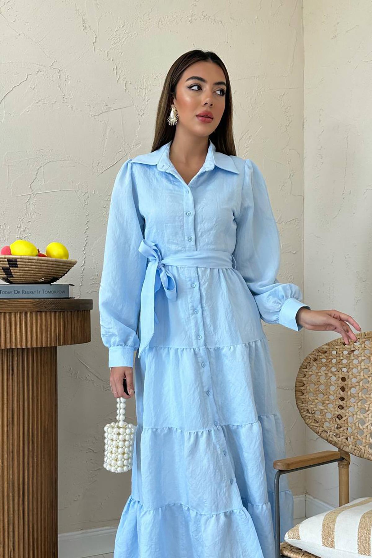 Toptan Mavi Kuşaklı Çizgi Desenli Elbise