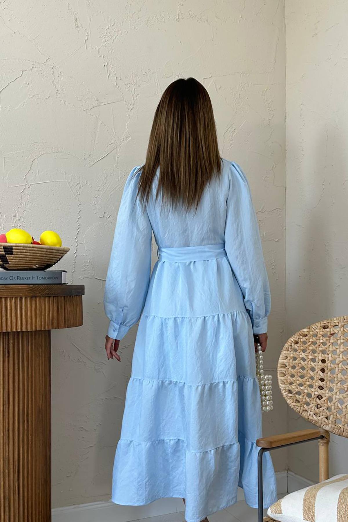 Toptan Mavi Kuşaklı Çizgi Desenli Elbise