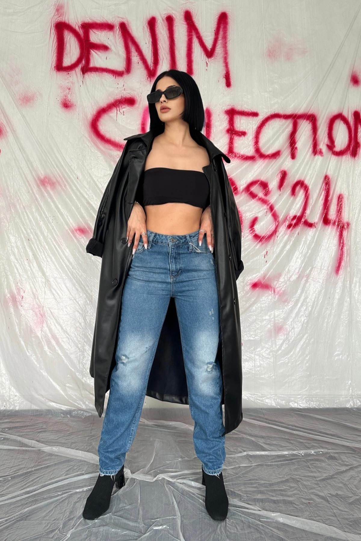Toptan Mavi Lazer Kesim Jeans Pantolon Mavi L
