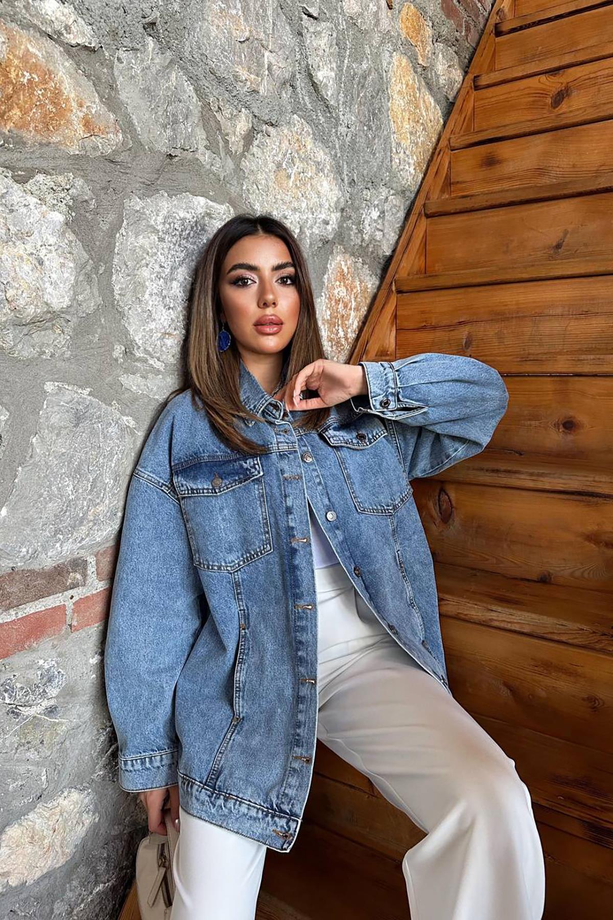 Toptan Mavi Oversize Kot Ceket Mavi L