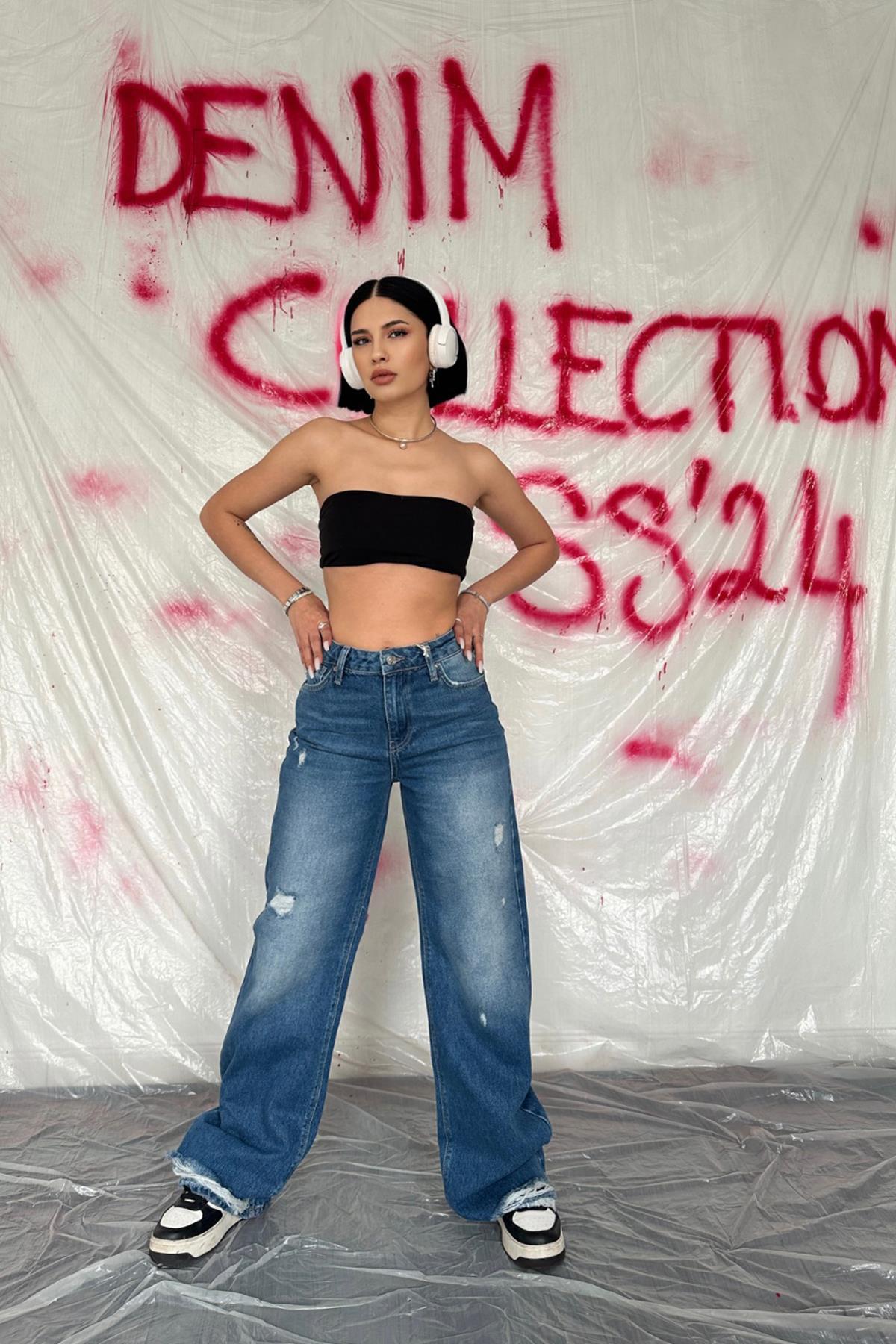 Toptan Mavi Palazzo Lazerli Jeans Pantolon Mavi L