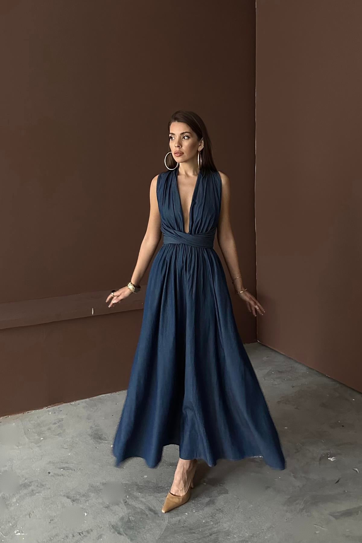 Toptan Mavi Tencel Bağlamalı Elbise