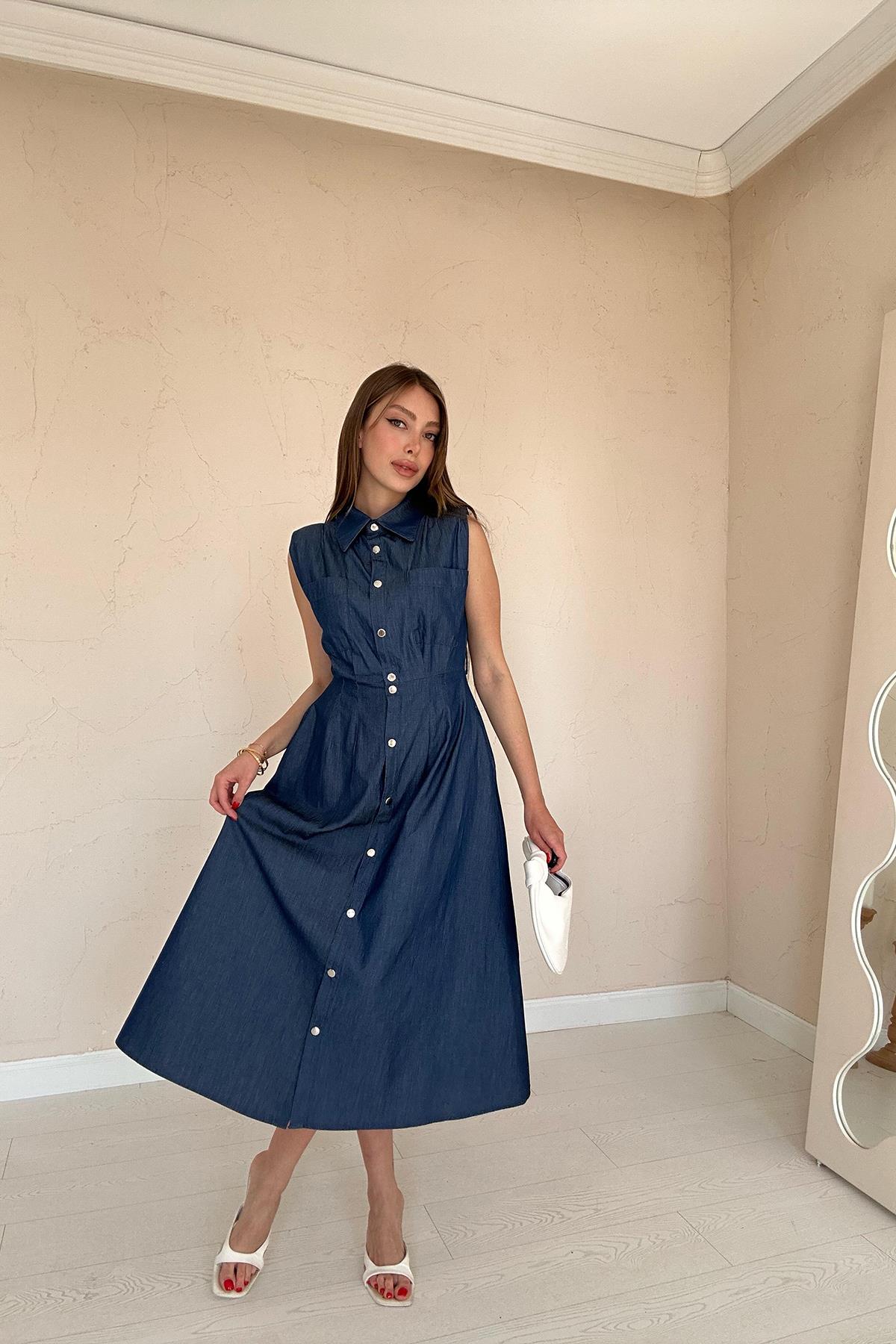 Toptan Mavi Tencel Çıtçıtlı Elbise Mavi L