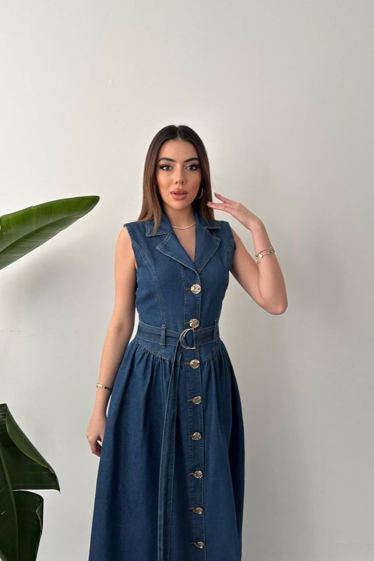 Toptan Mavi Uzun Kot Elbise