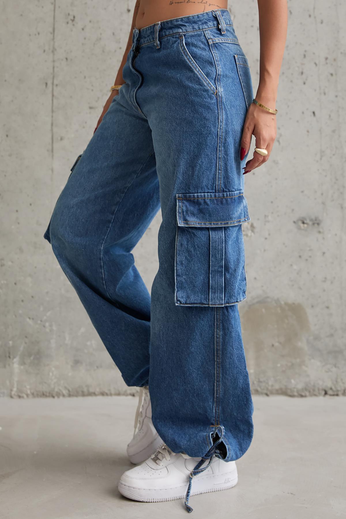 Toptan Mavi Yan Cepli Jeans Pantolon