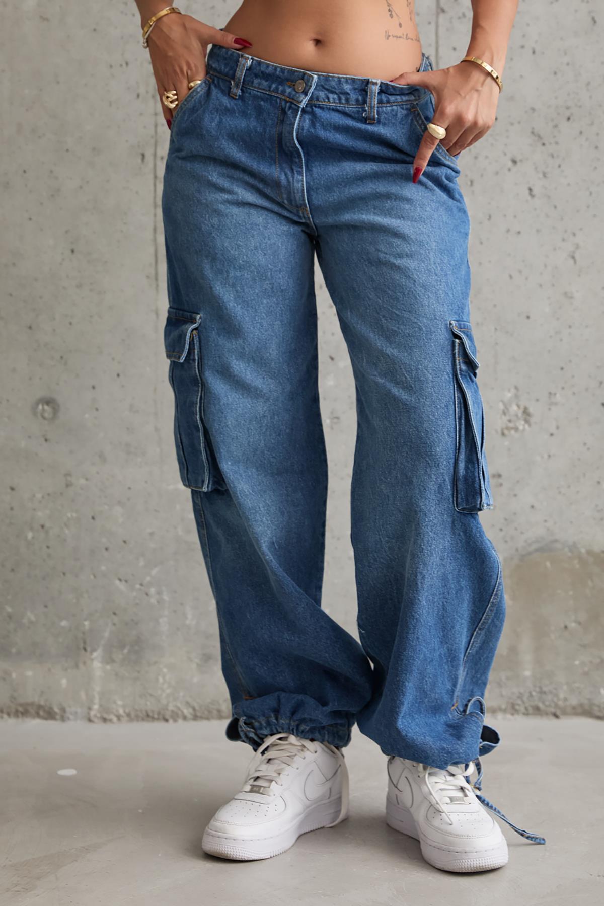 Toptan Mavi Yan Cepli Jeans Pantolon