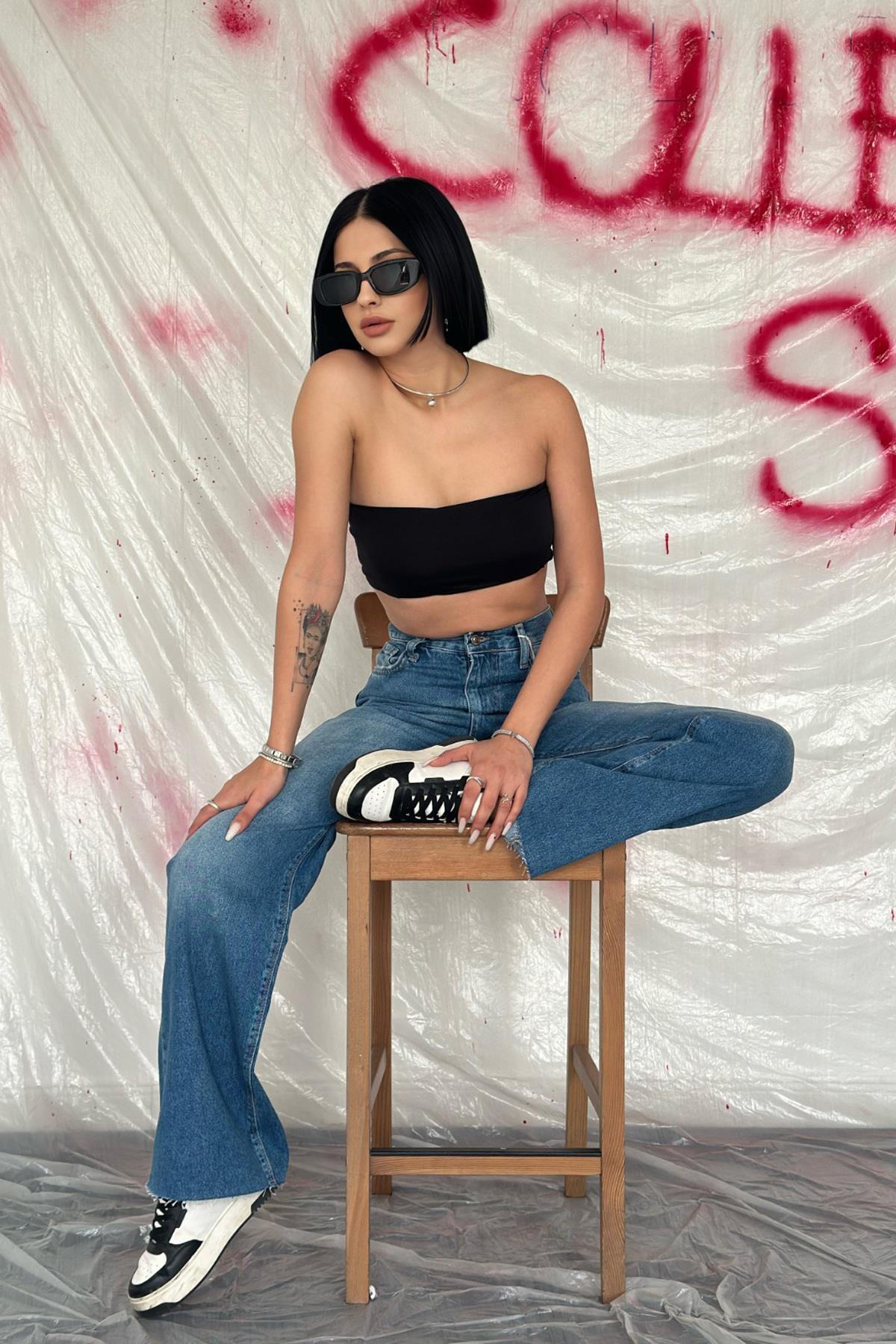 Toptan Mavi Yüksek Bel Ve Geniş Paça Jeans Pantolon Mavi L