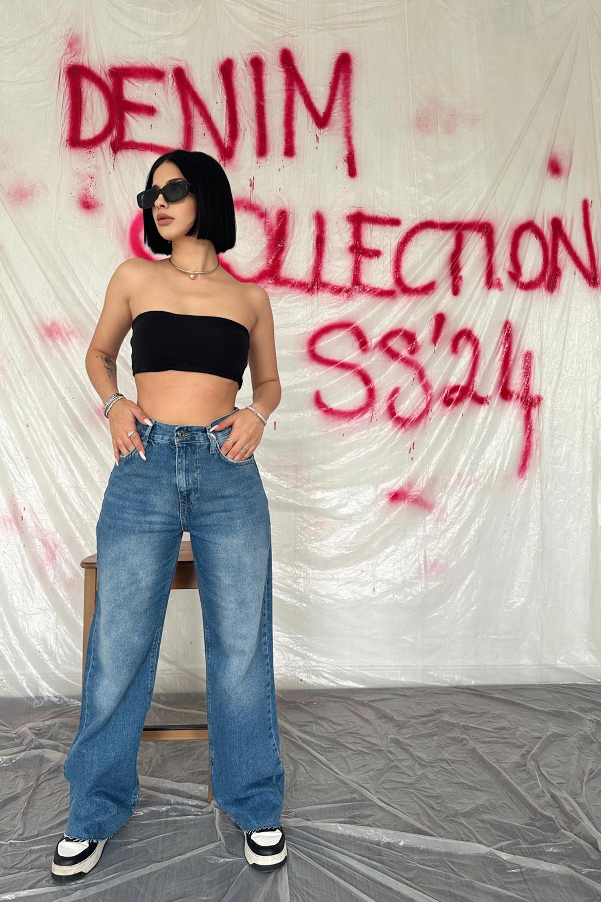 Toptan Mavi Yüksek Bel Ve Geniş Paça Jeans Pantolon