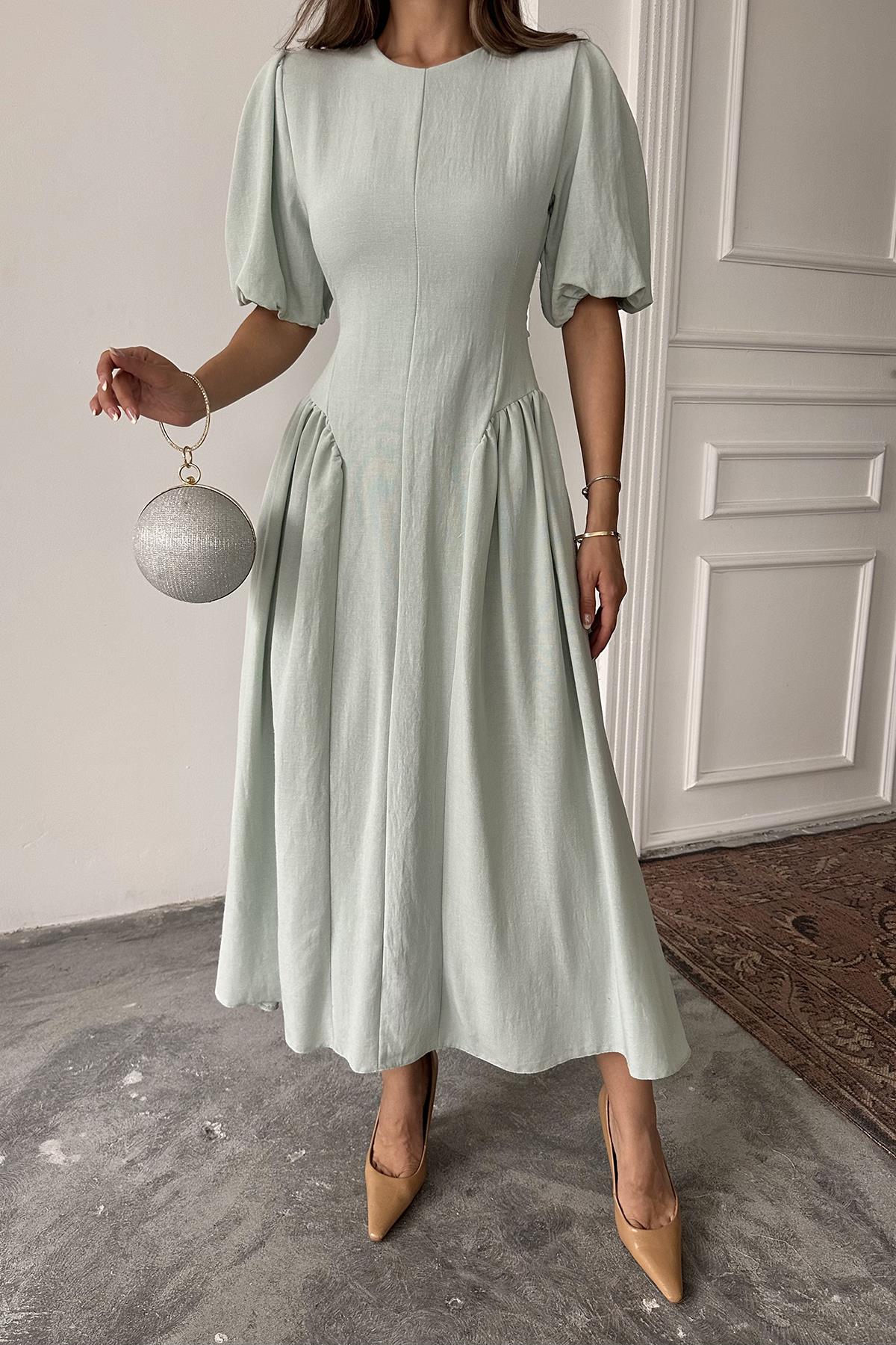 Toptan Mint Arkadan Bağlamalı Büzgülü Keten Elbise